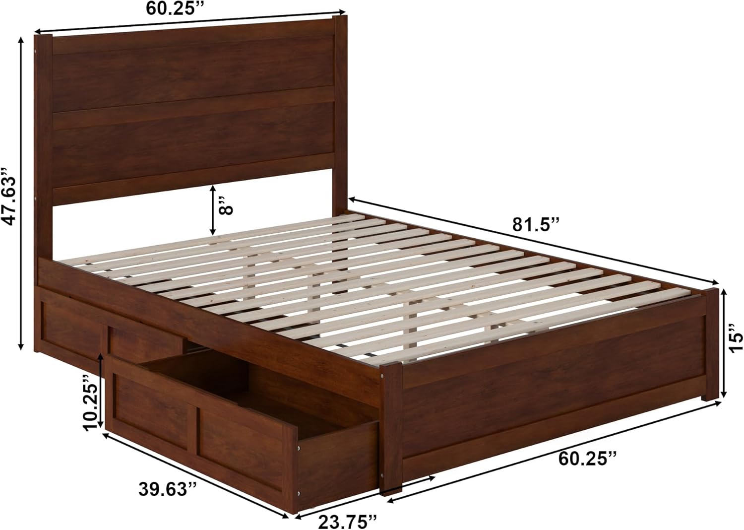 Walnut Wood Queen Platform Bed with Storage Drawers
