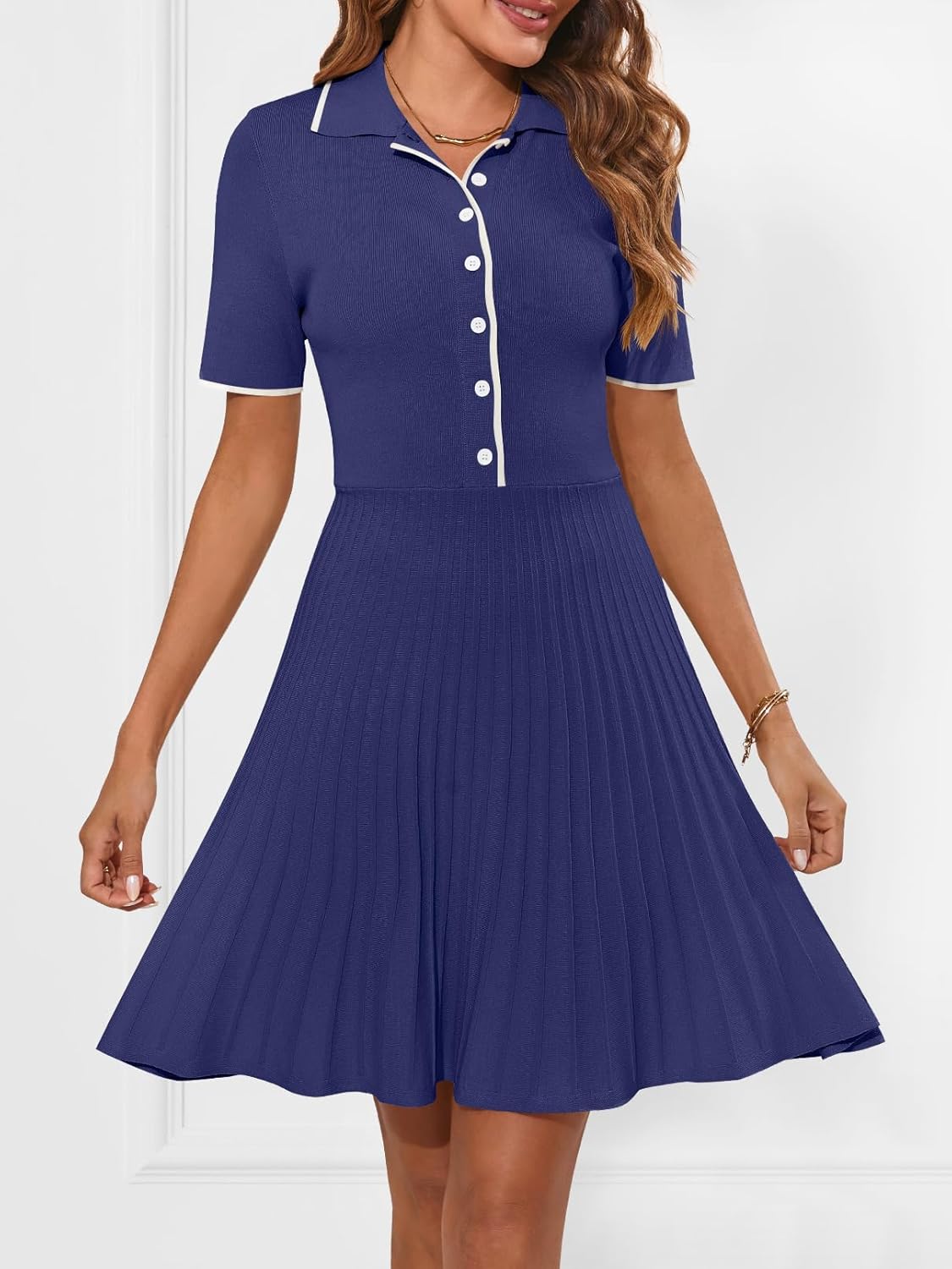 MEROKEETY Women's Summer Ribbed Knit Midi Dresses Short Sleeve V Neck Button A Line Swing Sweater Dress - Image 6