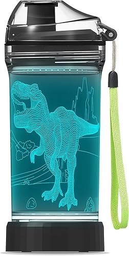 Miniatura 1 de YuanDian Botella de agua iluminada para niños con diseño de tiranosaurio Rex de dinosaurio 3D, 14 onzas, Tritan sin BPA, ecológica, tazas de regalo