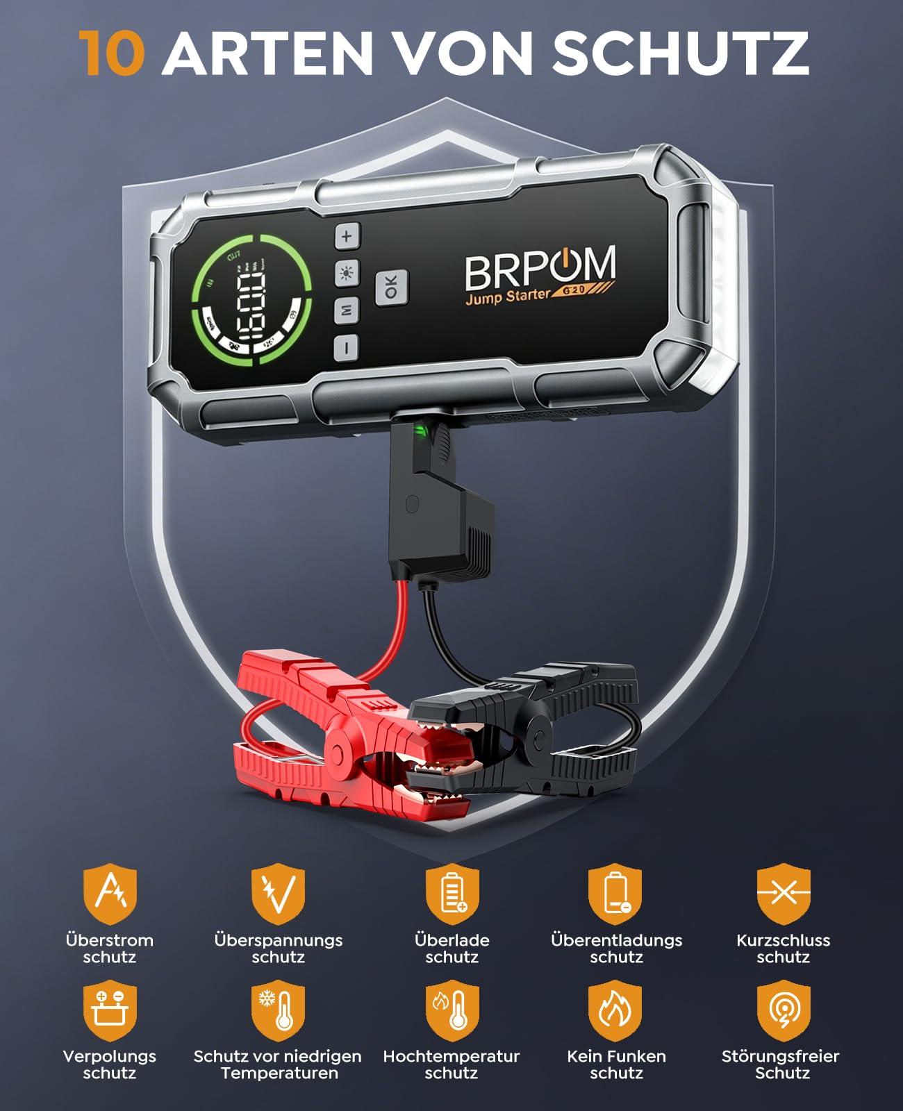 BRPOM Starthilfe Powerbank 8000A, Auto Starthilfe mit Kompressor 160PSI, 26800mAh Batteriestarter für alle Benzinmotoren und bis 12,0L Dieselmotoren, LED-Licht und Powerbank