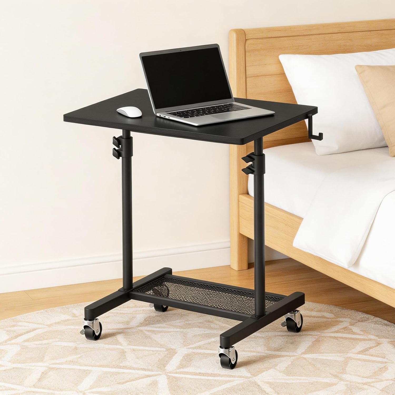 HOOBRO Mobile Standing Desk, Rolling Laptop Cart with Locking Wheels, Height Adjustable Rolling Desk with Hooks, for Home Office and Living Room Use, Black BB01ZJ01
