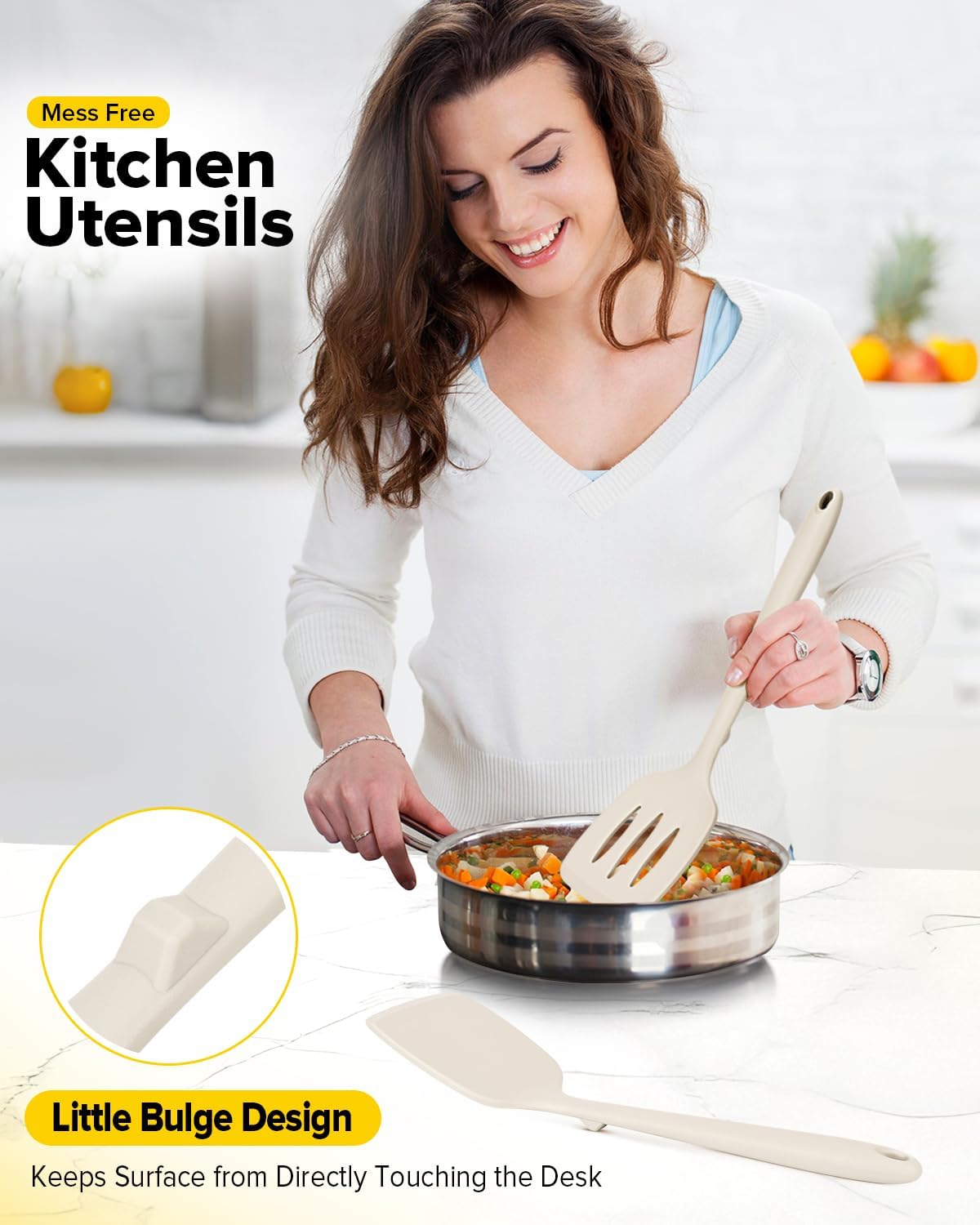 Pack of 2 Silicone Spatula Turners, Non Stick Slotted Kitchen Spatula Set, Heat Resistant BPA Free Kitchen Utensils, One-Piece Design, Suitable for Flipping Fish, Eggs, Steak, Pancakes(KHAKI) - Image 4