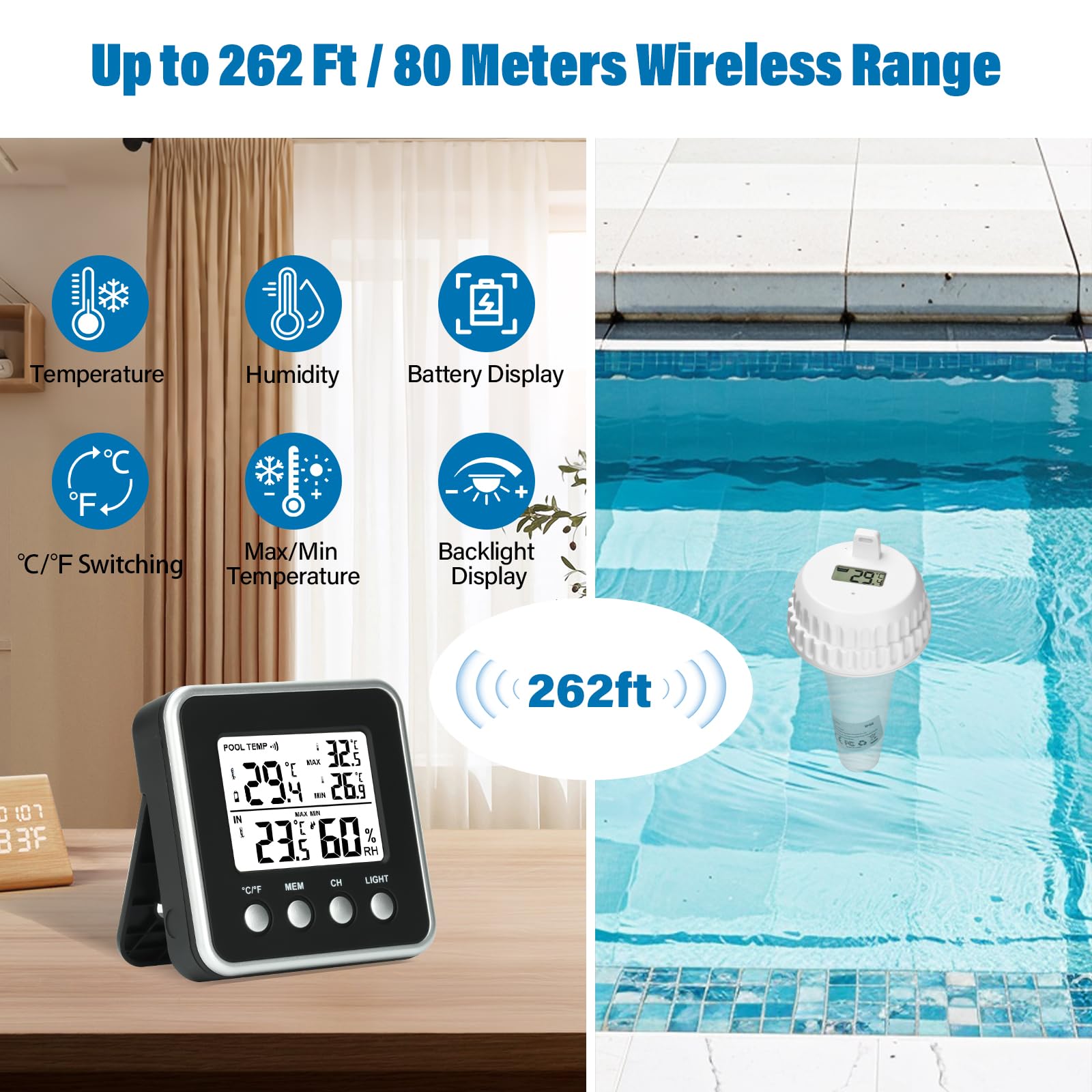 Aideepen Termometro radio per piscina, termometro digitale con sensore di galleggiamento, commutazione °F/℃ per uso in piscine, vasche da bagno, stagni e spa