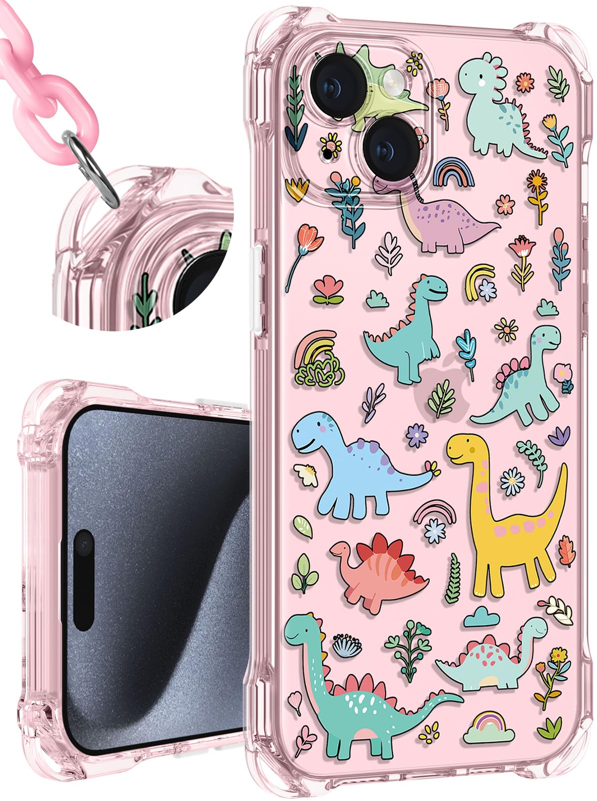 Toycamp for iPhone 15 Plus Case with Strap for Women - Cute Funny Girls Girly Little Dinosaur Pattern Design for iPhone 15Plus Case with Wrist