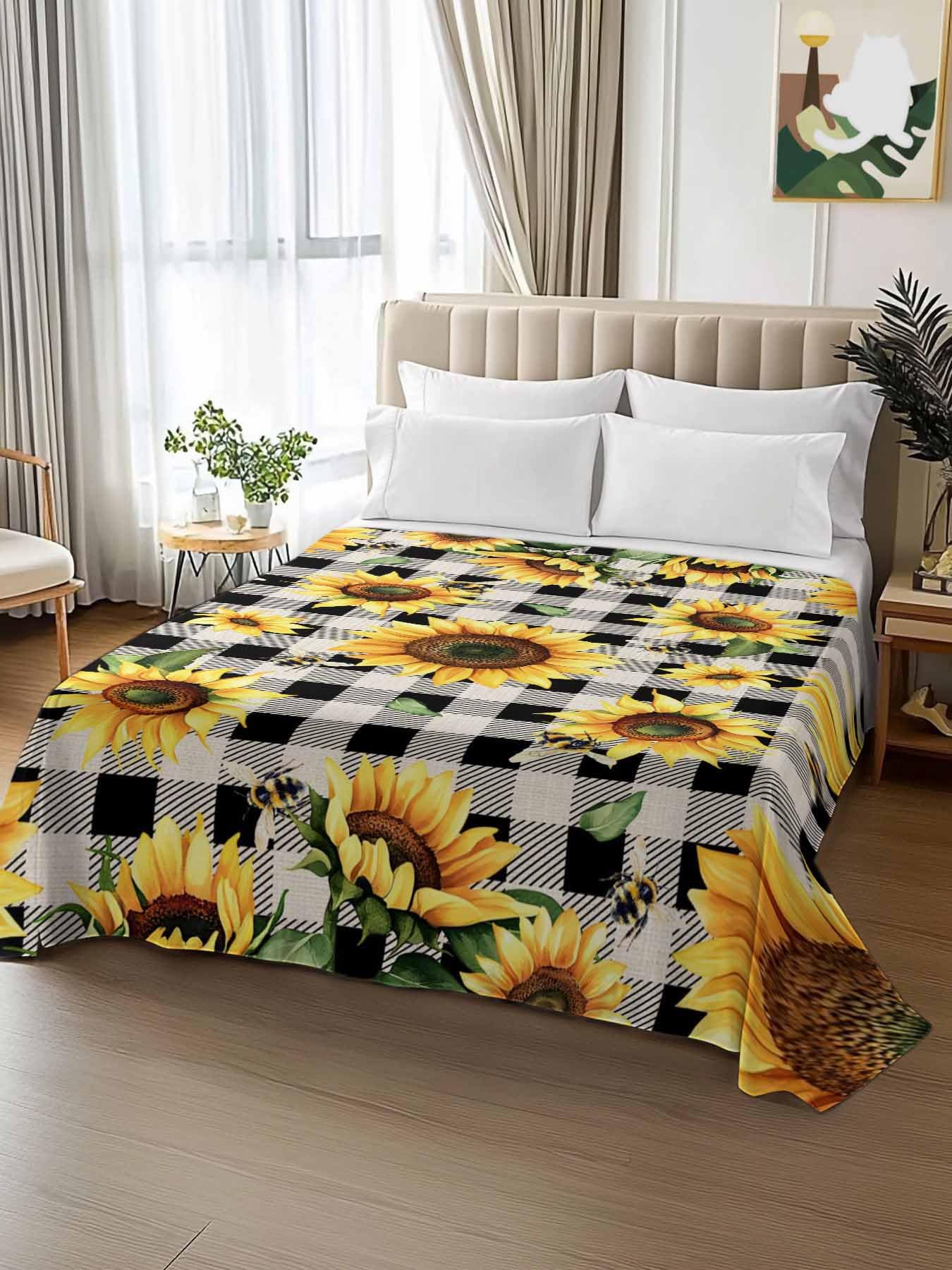 Twin XL Size Flat Sheet Only, Summer Sunflower Bee Spring Floral Watercolor Bed Top Sheet Soft Microfiber Breathable Bedding Flat Sheets, Black Buffalo Check Top Sheets Hotel Luxury