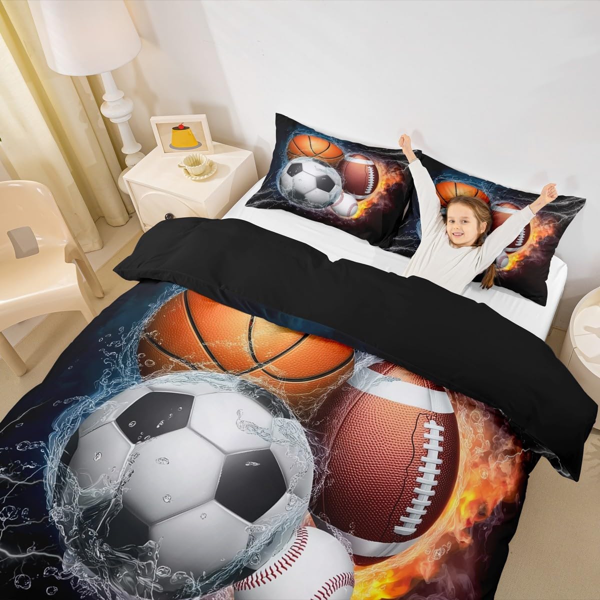 Erosebridal Sports Bedding Sets Boys Twin Size,Baseball Soccer Duvet Cover Kids Teens Basketball Football Comforter Cover Ball Games Quilt Cover,Fire Ice Trippy Lightening Decor 2Pcs Soft Luxury