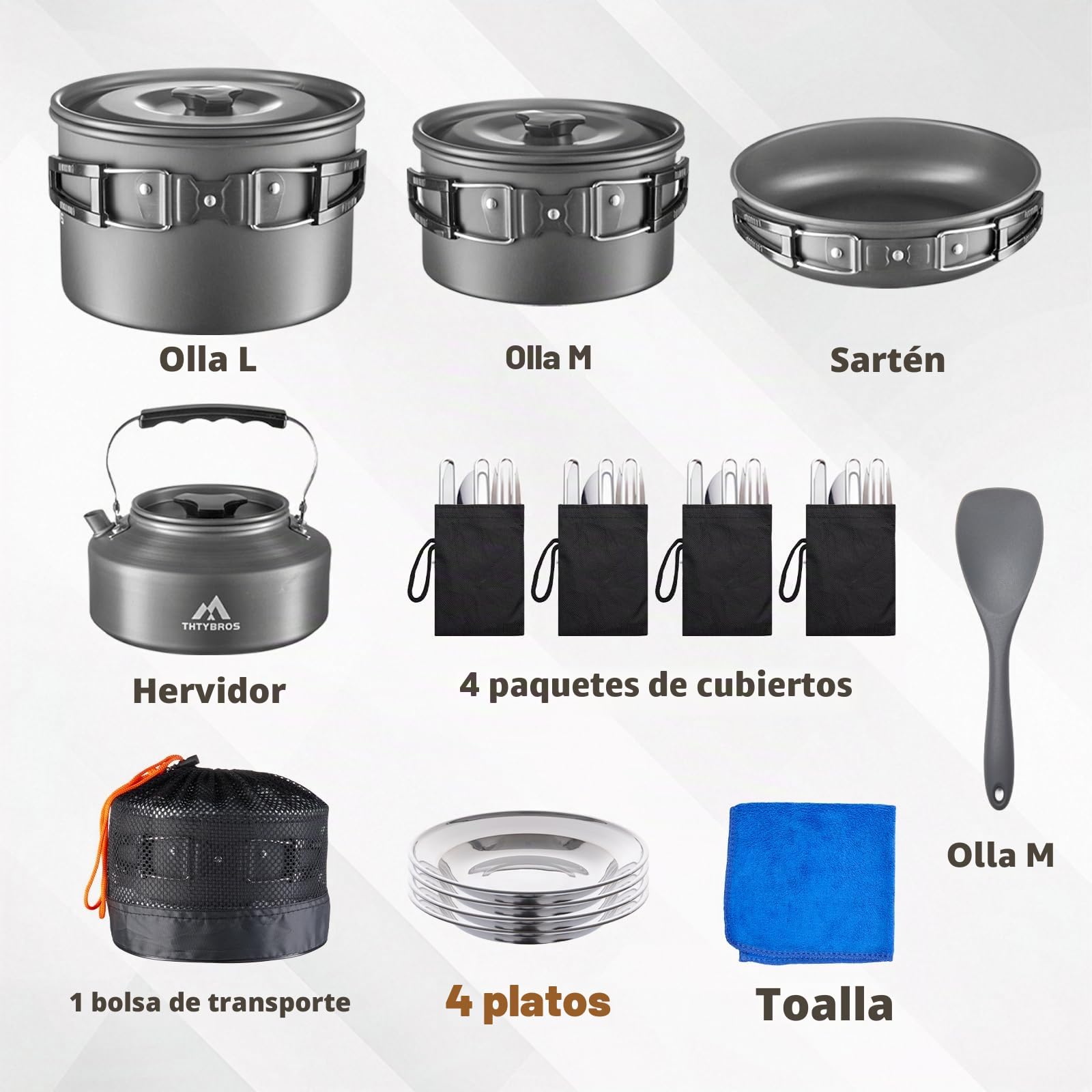 Juego de Cocina para Acampada THTYBROS, 27 Piezas – Set de Menaje de Acero Inoxidable con Cacerola, Sartén y Hervidor para 2-4 Personas, Ideal para Mochileros, Picnics y Aventuras al Aire Libre
