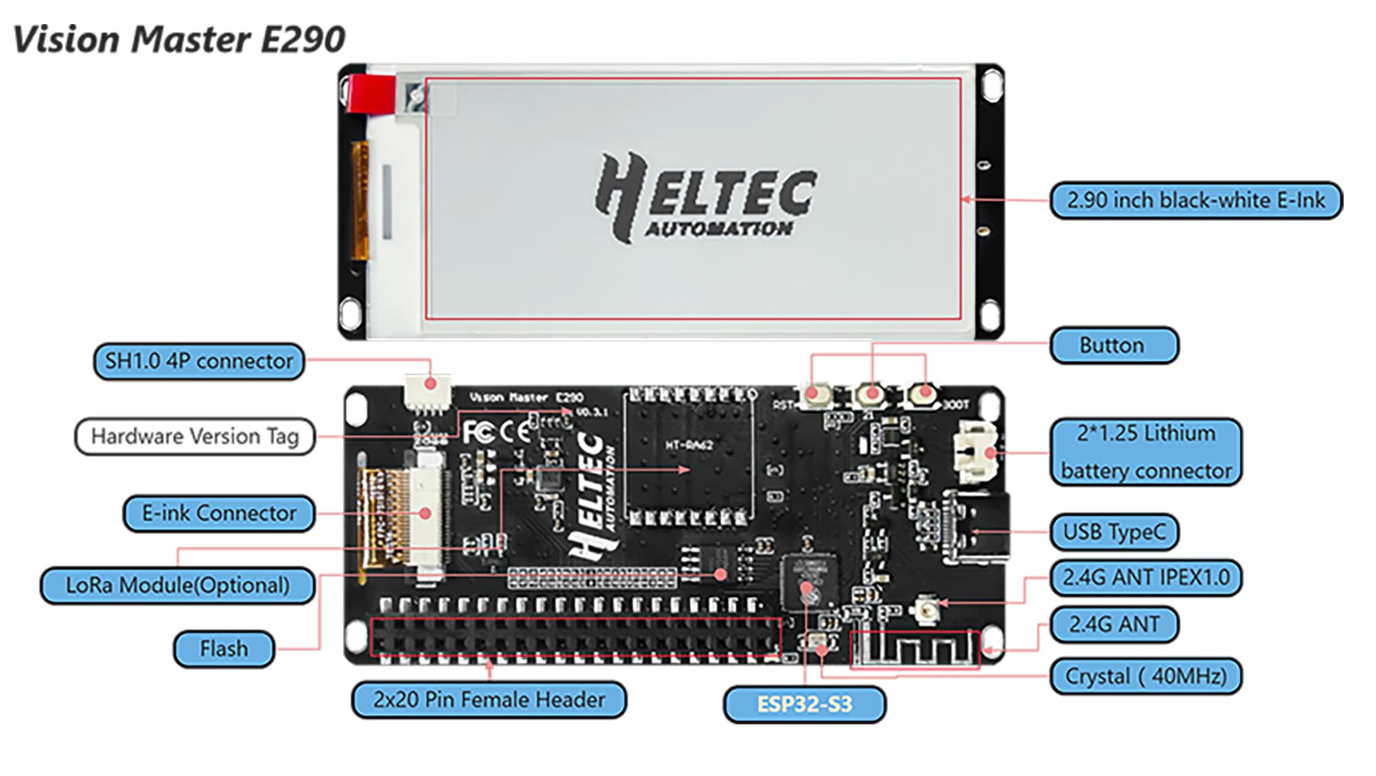 Heltec Meshtastic ESP32 SX1262 LoRa Smart Price Tag E-Paper Monitor Development Board 7.4 cm czarno-biały ekran e-Ink Bluebooth WiFi kompatybilny z Arduino (902-928 MHz)