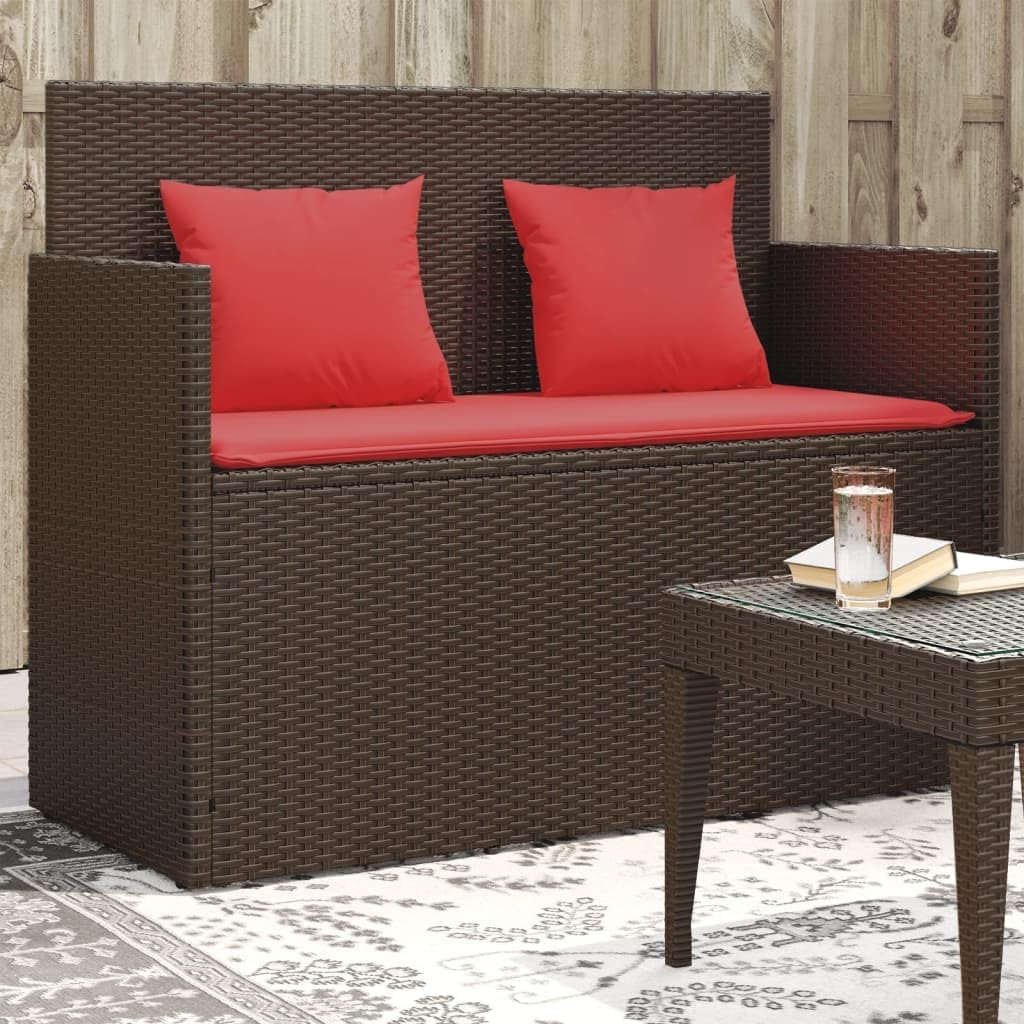 Brown Poly Rattan Outdoor Storage Bench with Cushions, Water-Resistant Storage Bag, PE Wicker Patio Furniture Bench for Garden Porch Deck Seating (47.2" W x 35.6" H)