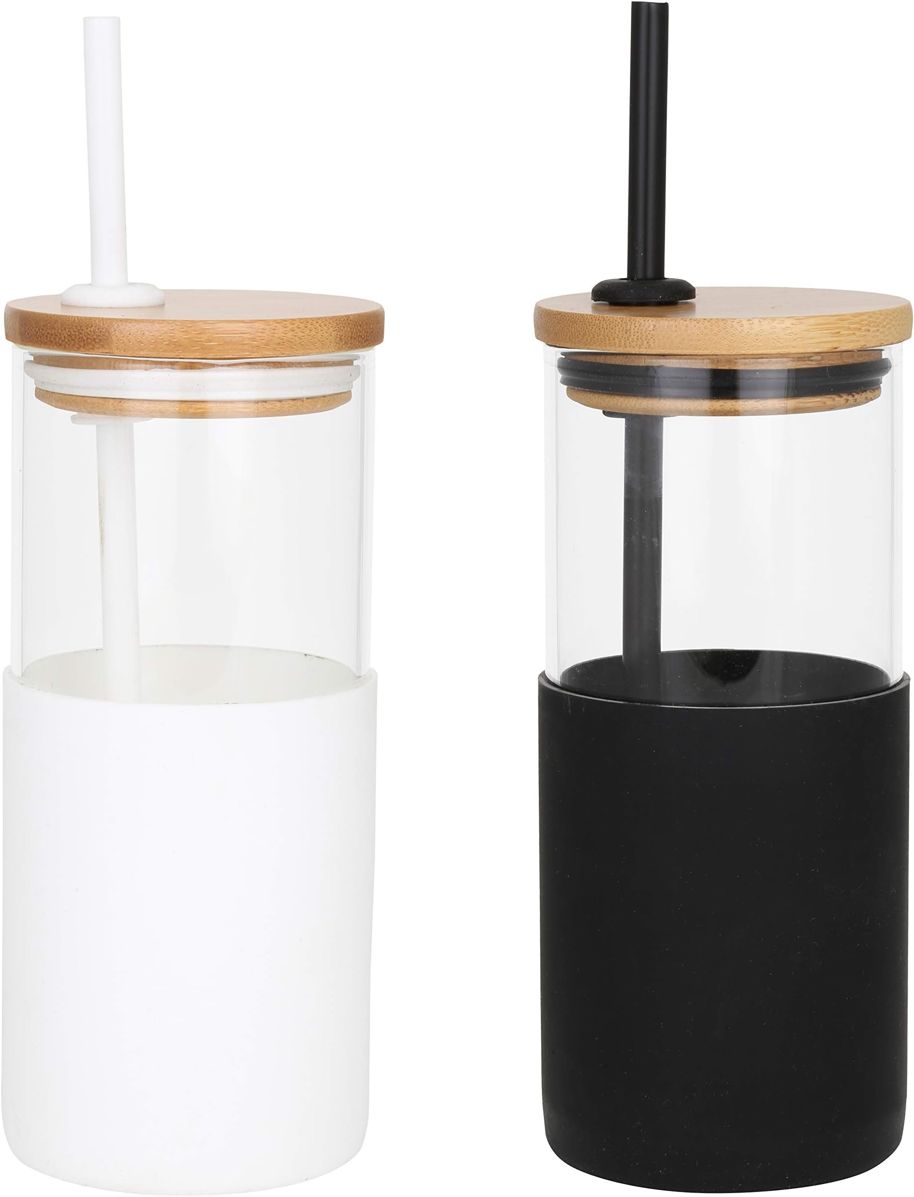 Borosilicate Glass Tumbler w/Bamboo Lid, Silicone Sleeve & Straw (18 oz) | 2-Piece Set | Eco-Friendly, Reusable (White & Black)