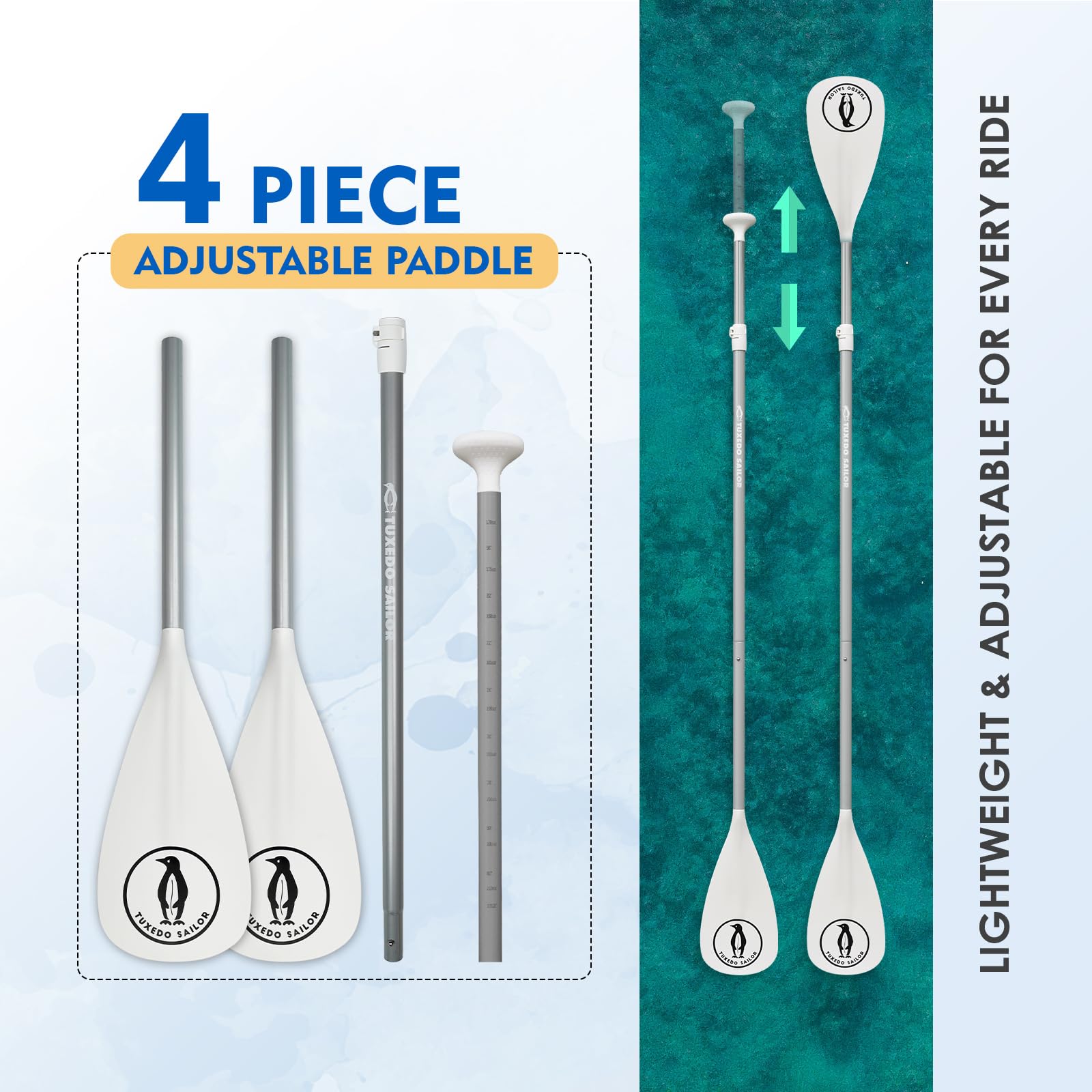 Tuxedo Sailor Pagaie de Sup – 3 pièces réglables – Planche à pagaie légère et Flottante – Durable et Pliable – Lames en Nylon renforcé – Course Efficace