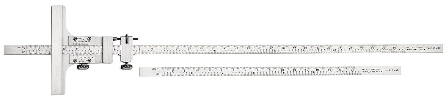 Series 448ME Vernier Depth Gage, 6" & 12" Blades Furnished, 0-6" & 0-12" Range, 0.001" Graduation, 2-3/4" Base Length, 1/4" Base Width