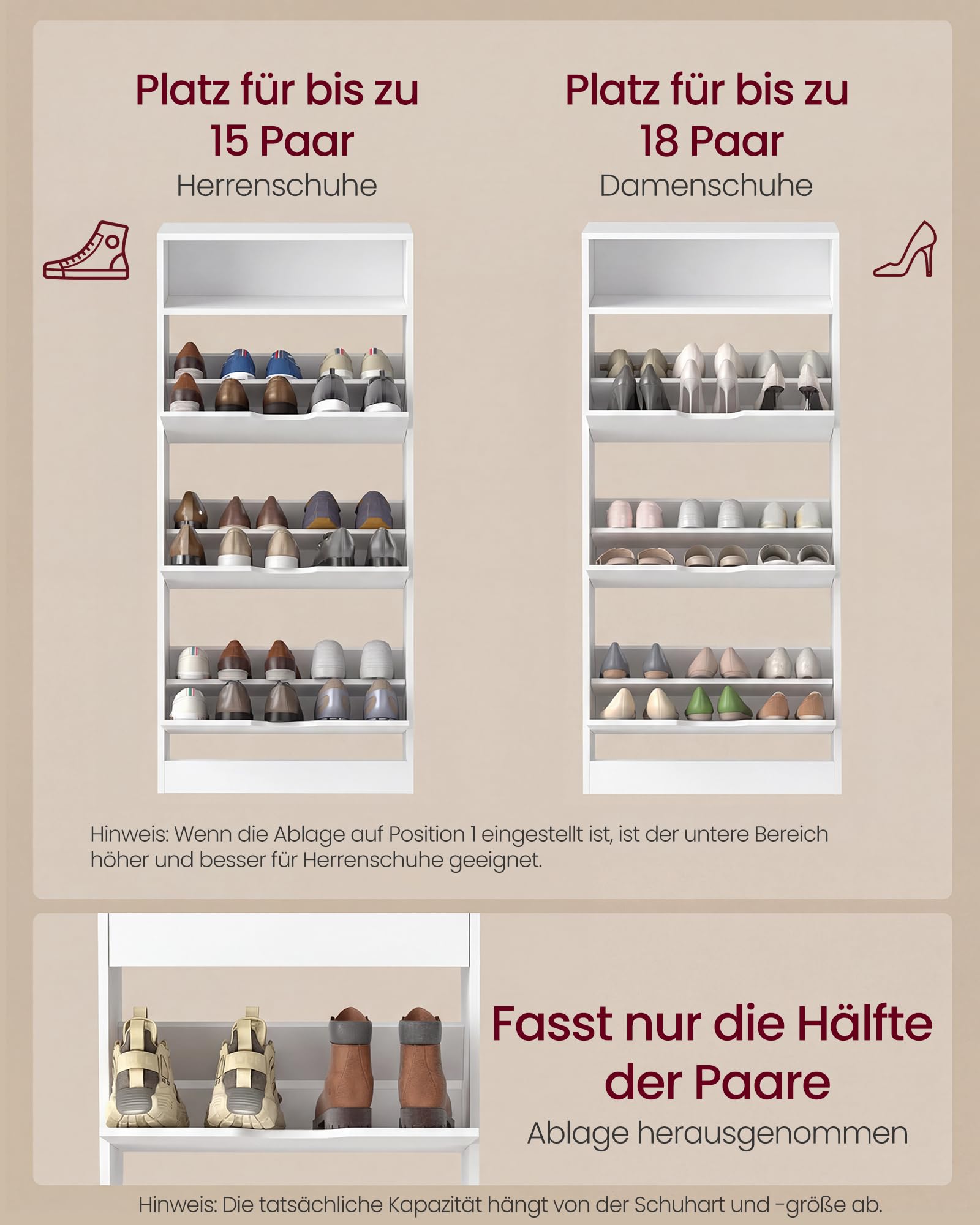 VASAGLE Custos Kollektion Schuhschrank 3 Klappen 24 x 60 x 139 cm 15-18 Paar Schuhe wolkenweiß