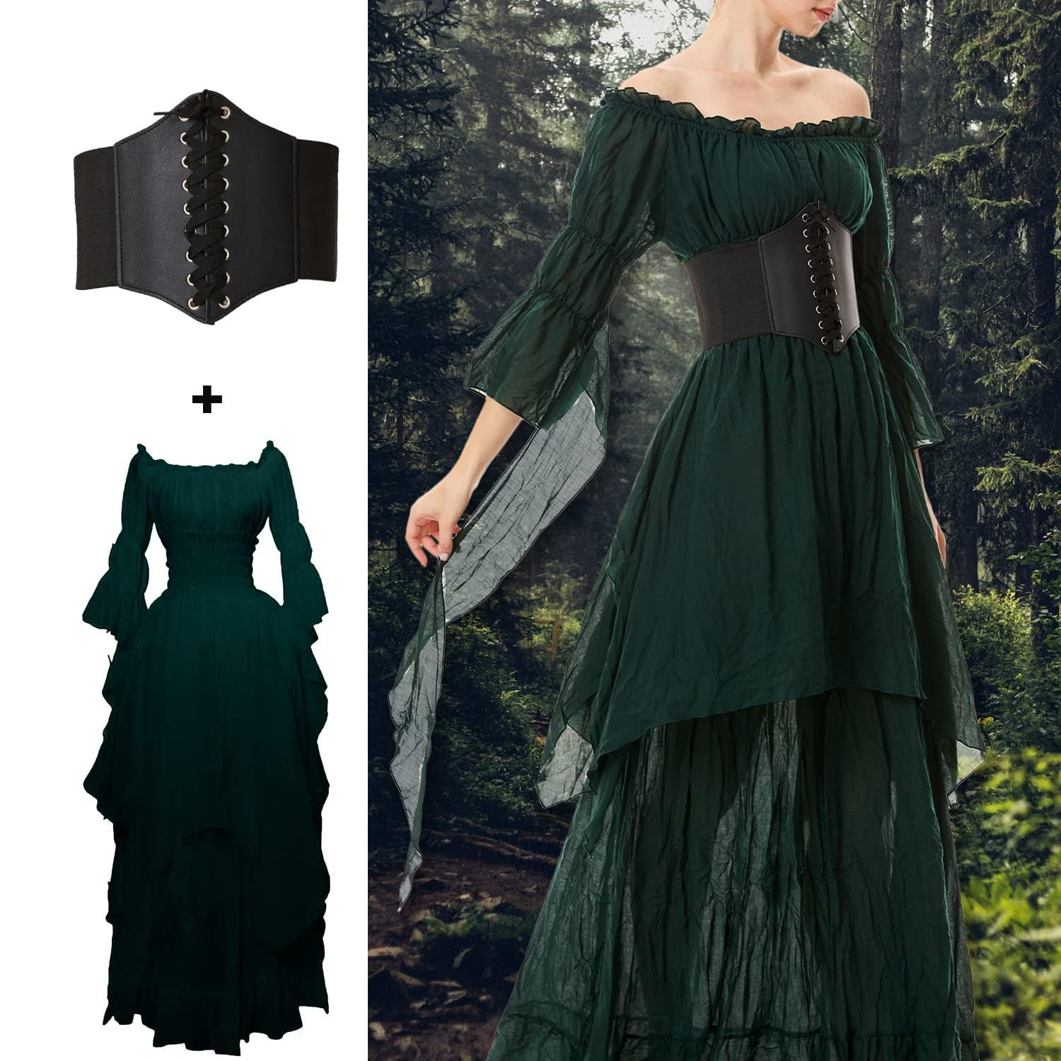 jakloz Halloweenkostuum voor dames, middeleeuwse renaissance-kleding met korset, riem, retro maxi-jurk, Victoriaanse gothic jurk, Halloween, carnaval