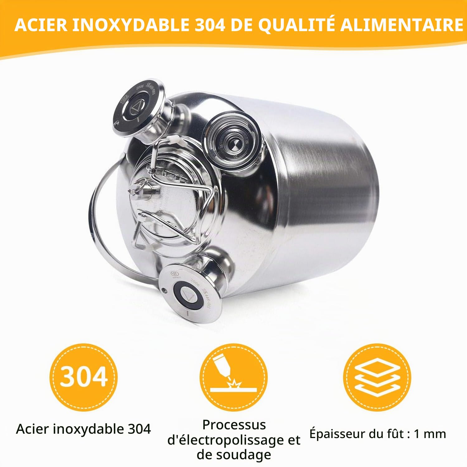 Fût Nettoyage Bière Inox 10L, Récipient 3 Têtes avec Couvercle - Type A/S | Récipient nettoyage fût inox 10L, Couvercle 3 têtes compatible lances Type A et S. Pour brassage amateur, bar, hôtel