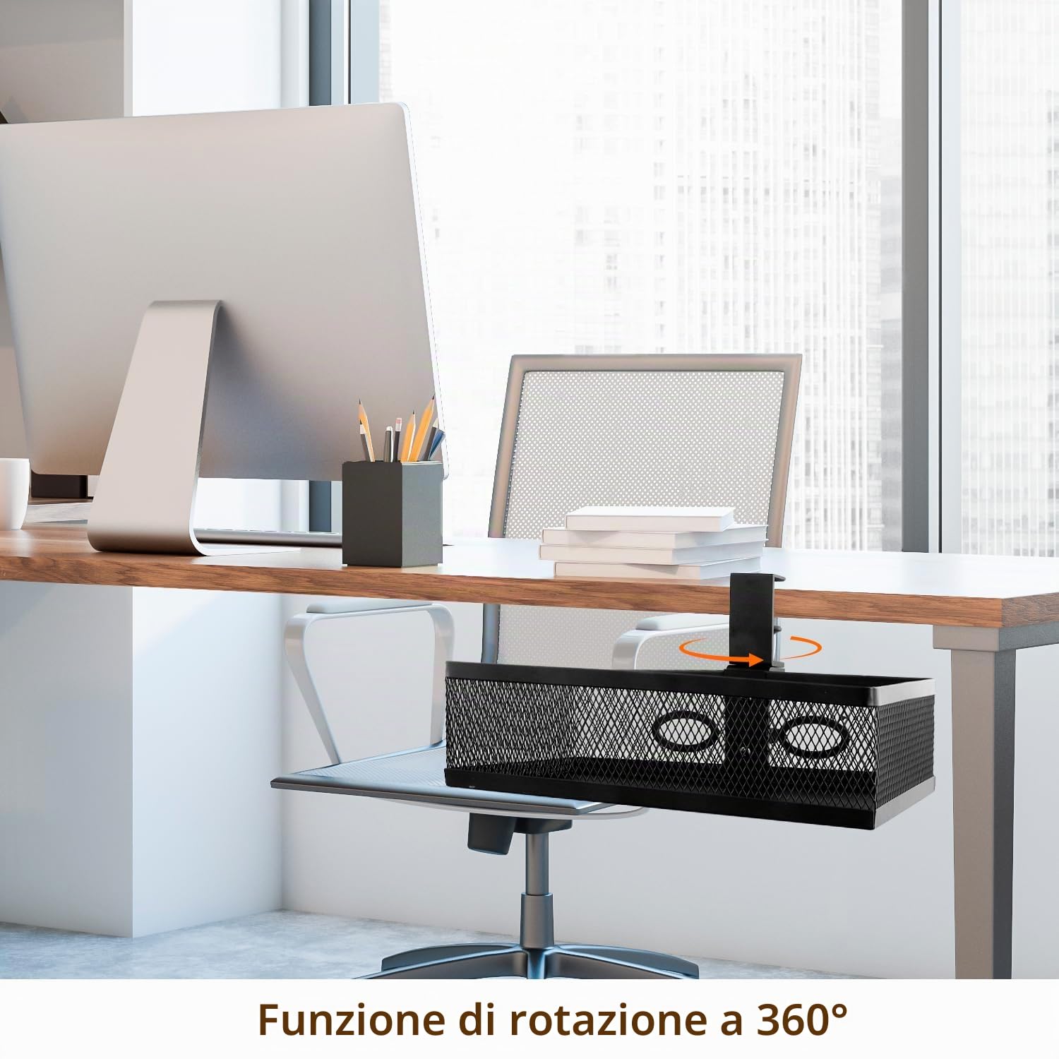 QWORK® Portaoggetti sotto la scrivania, Organizer da scrivania, Rotazione a 360°, Portaoggetti da ufficio a morsetto, Design in rete metallica