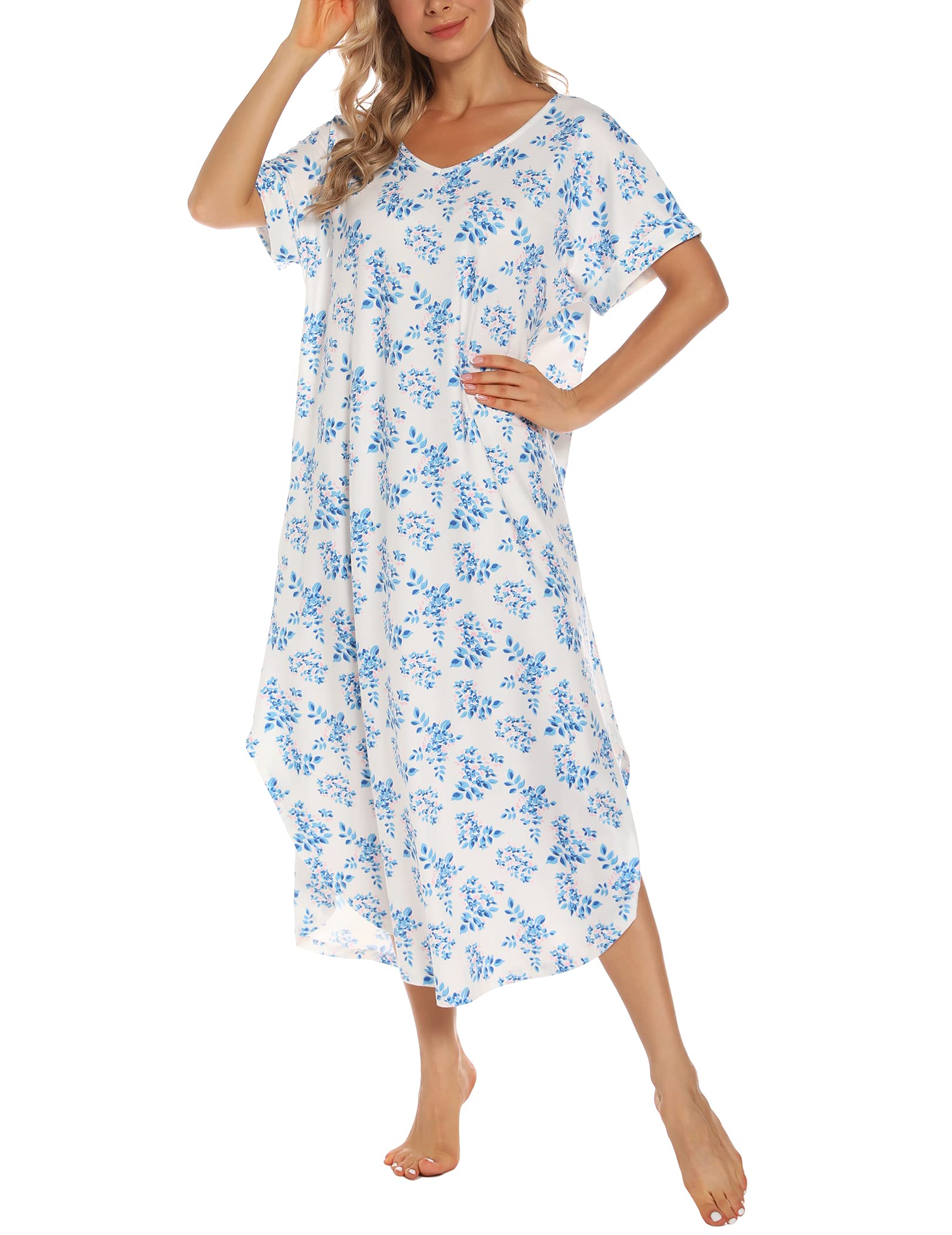 AVIIER Cotton Nightgowns for Women Short Sleeve House Dress Long Night Gown with Pockets S-XXL
