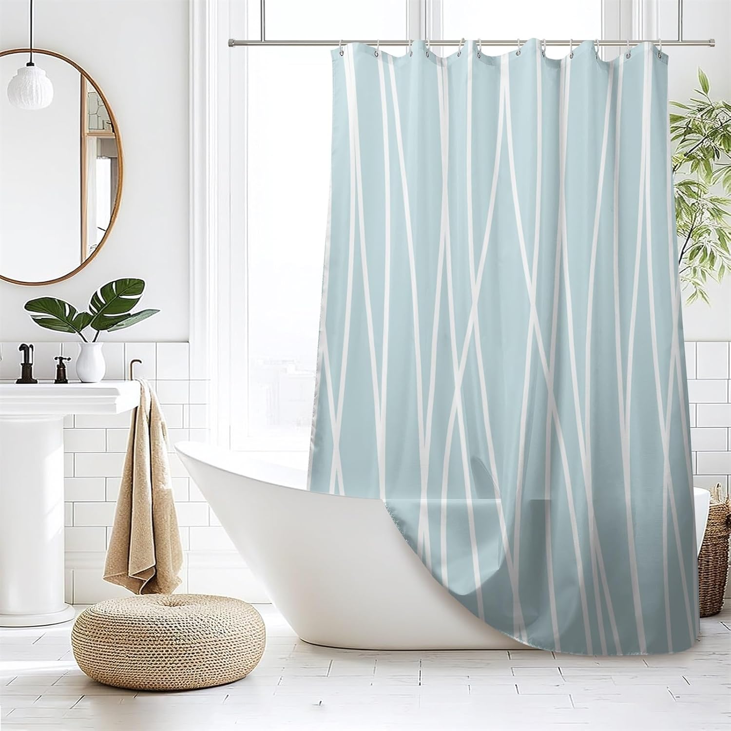 Renaiss Light Blue Vertical Stripe Shower Curtain Chic Modern Blue and White Line Design Extra Long Fabric Adorable Bath Curtains Contemporary Shower Curtain for Bathroom Decor 72" W x 72" L