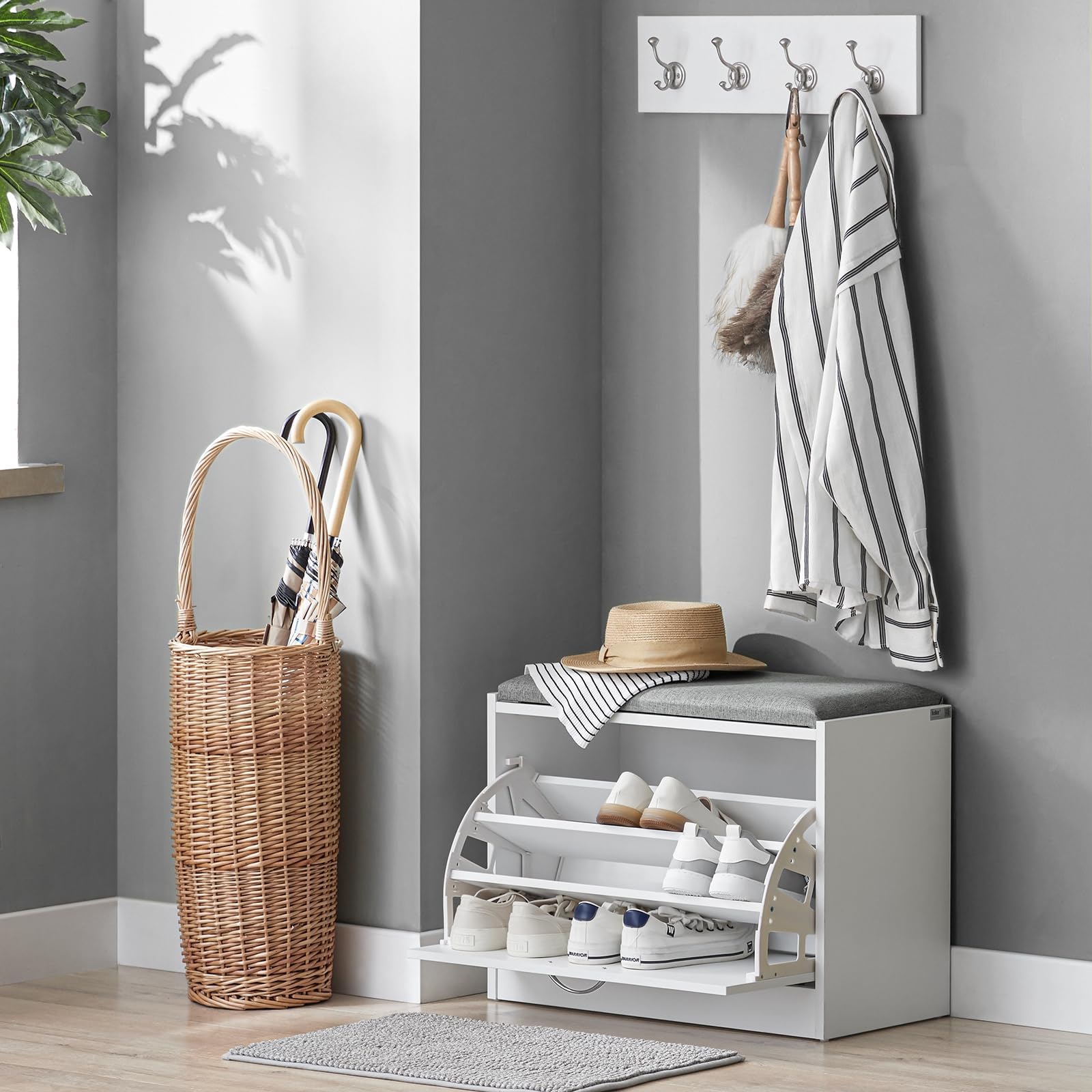 SoBuy Scarpiera Ingresso Panca Contenitore con Cuscino - Salvaspazio Slim da 60x30x46 cm - Cassapanca Porta Scarpe in Legno per Corridoio o Camera, Portata 120kg - FSR16-HG