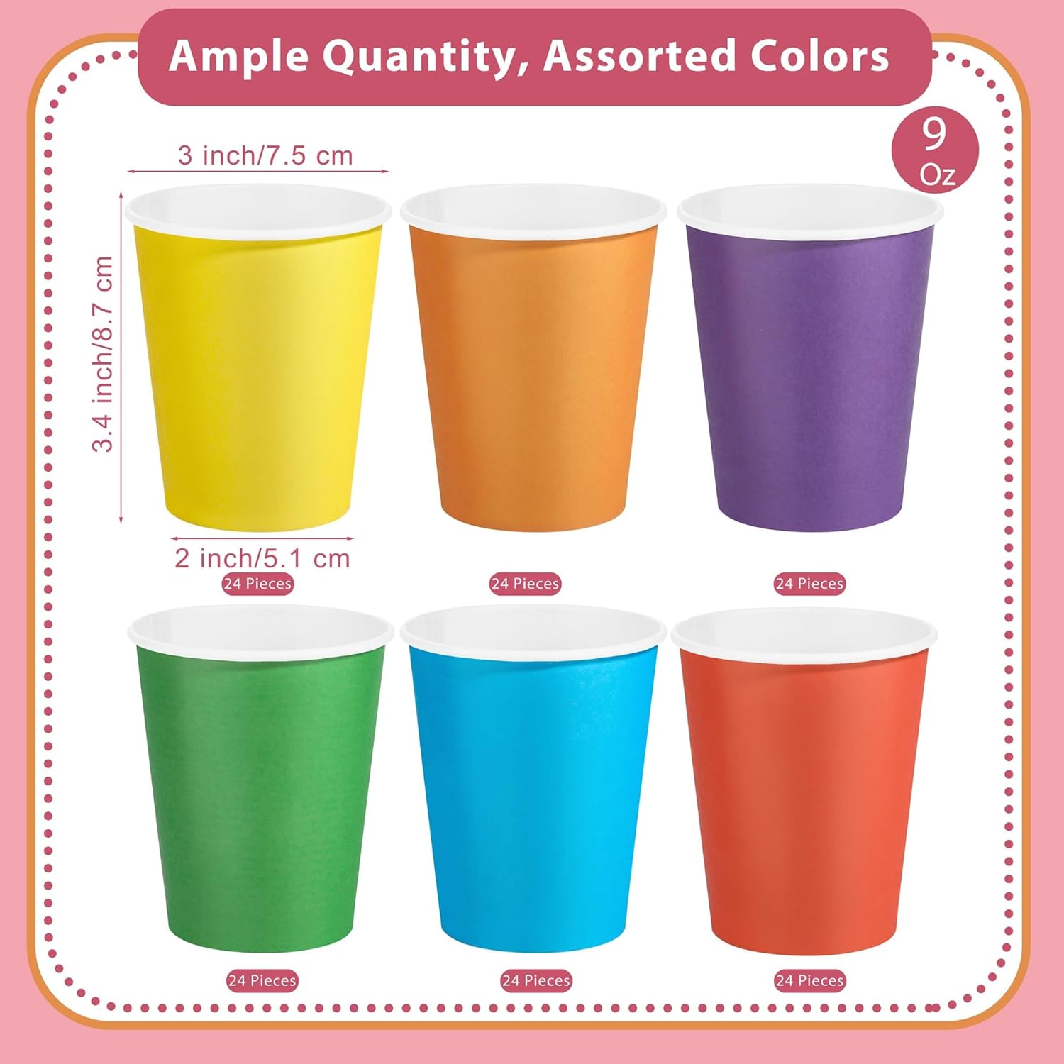 Kochorie 144 Pieces Rainbow Paper Cups 9 Oz Disposable Coffee Paper Cups Multicolor Party Cup Beverage Drinking Cup for Wedding, Birthday, Holiday Party, DIY, and Picnic - Image 2