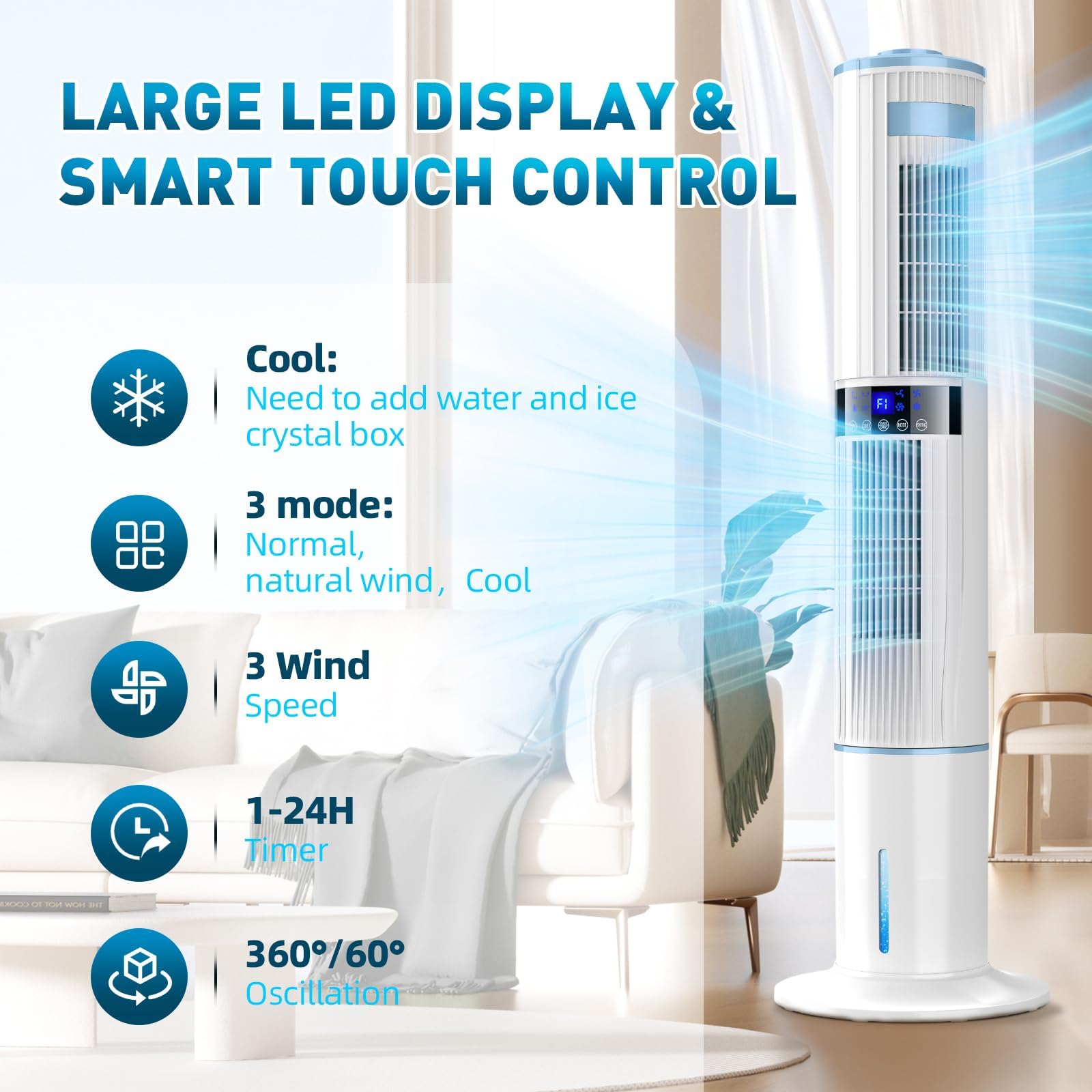 Condizionatore Portatile Senza Tubo, Raffrescatore d'aria 65W Doppio Oscillazione Automatica 360°, Raffrescatore Evaporativo 4 Modalità 3 Velocità con Timer 1-24H Telecomando 4 Impacchi di Ghiaccio