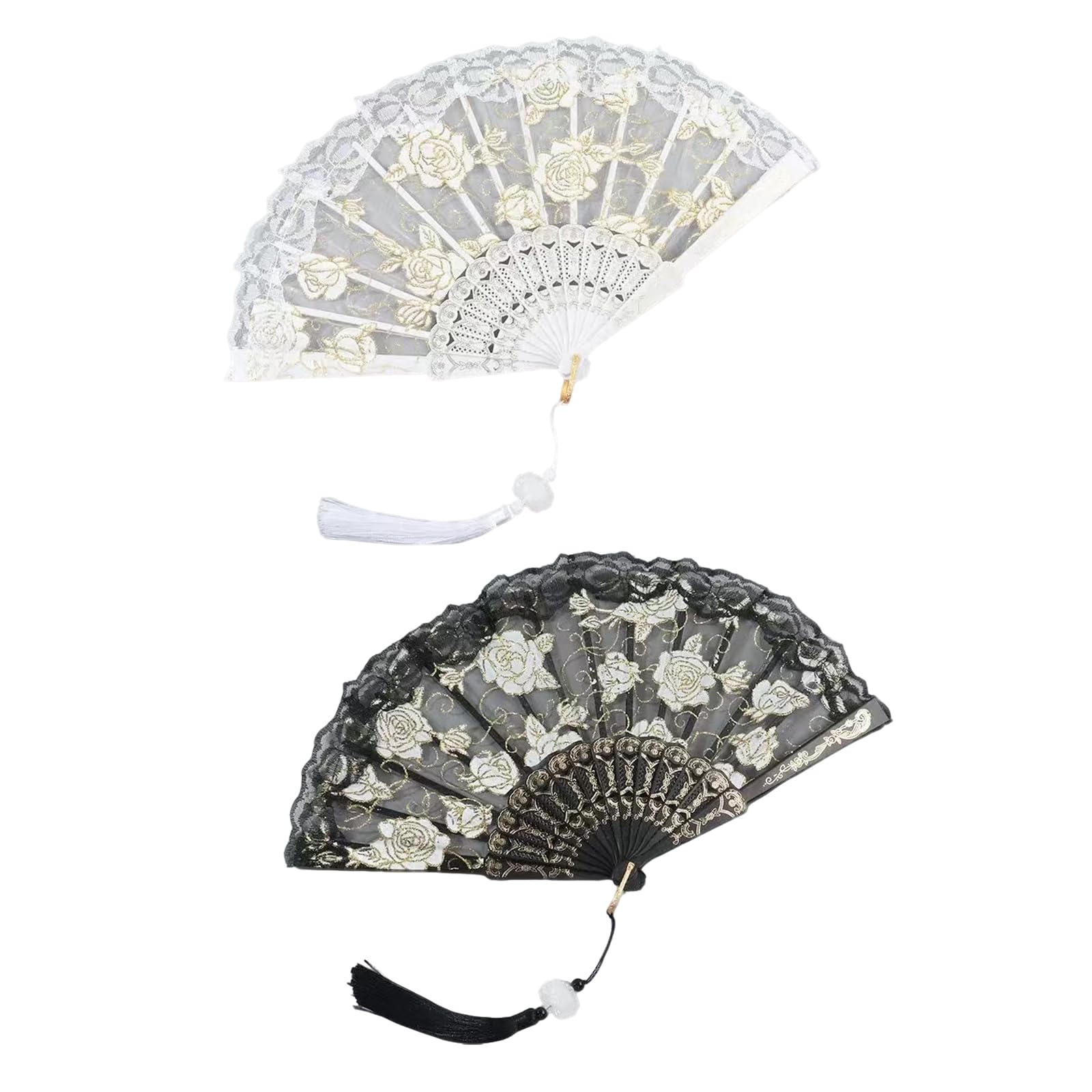 Homiladi Folding Fan 2 Pcs Lace & Bamboo Hand Fan Folding | Vintage Lace Hand Held Fan |Handheld Fan for Brilliant Bride, Wedding & Ceremonies | Portable White Decorative Fan​