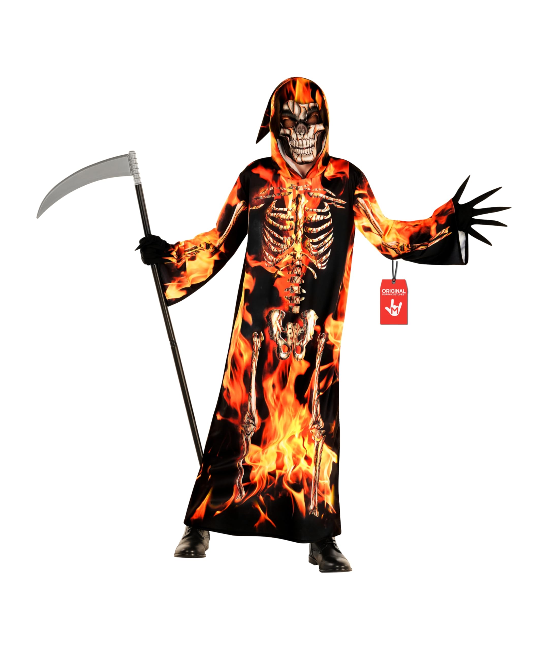 Morph Costume Mietitore Bambino, Costume Halloween Bambino | Tunica con Cappuccio & Maschera, Stampa Scheletro Fiammeggiante, Perfetto per Halloween, Ideale per il Gioco di Ruolo