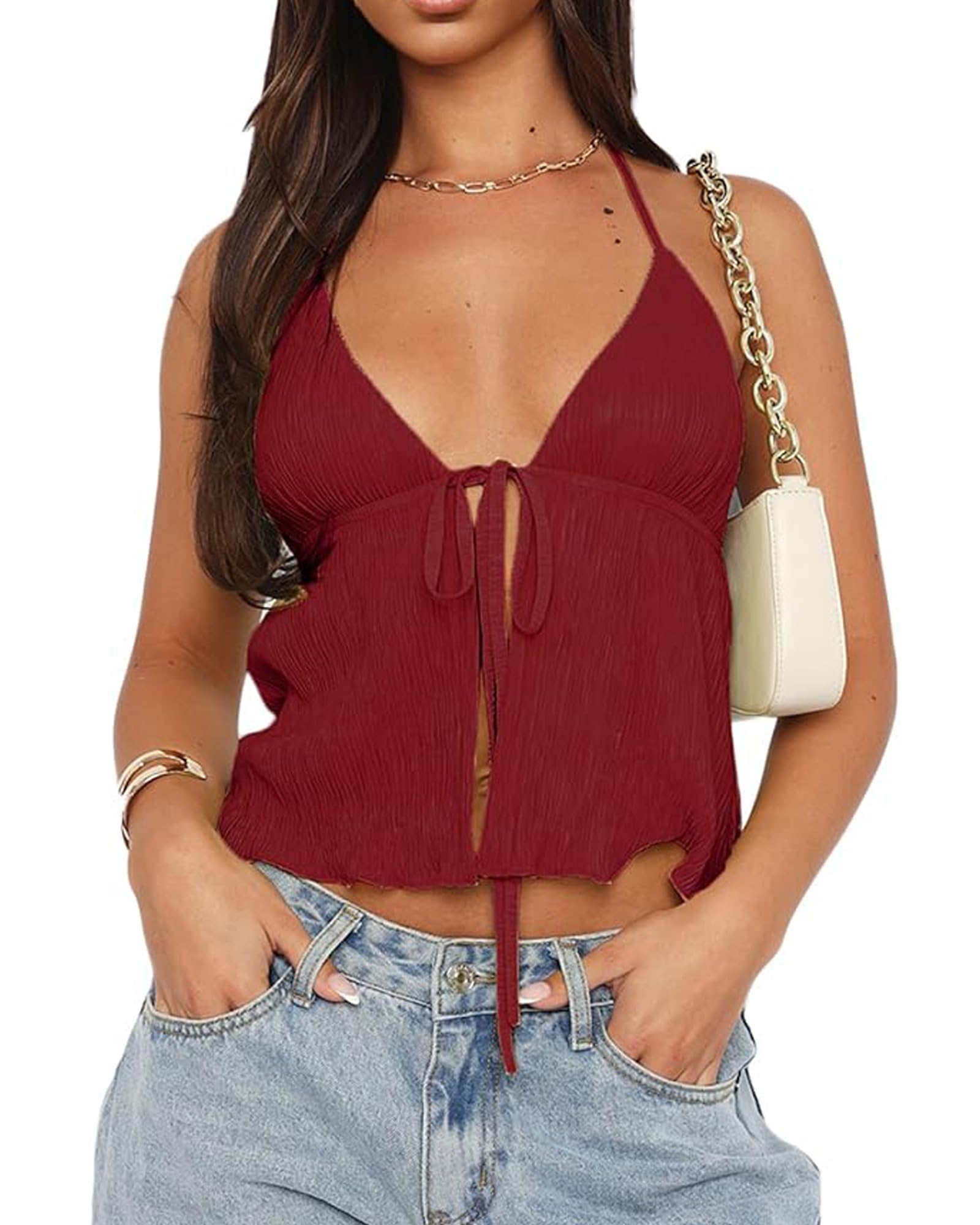 Women Summer Halterneck Tie Up Open Front Cami Lace Backless Sleeveless V Neck Crop Tank Top Y2K Aesthetics Crop Vest Top (A-Claret, XL)