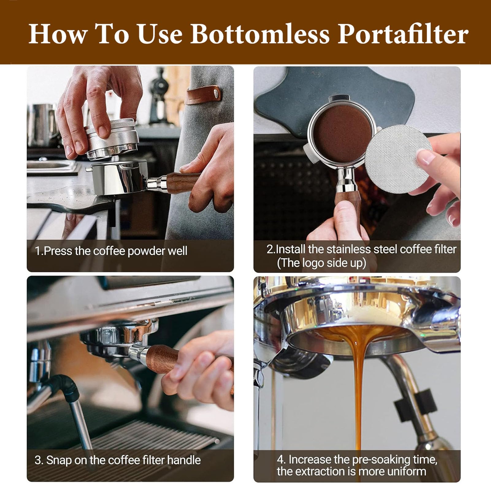 Porte-filtre sans fond Porte-filtre nu de 58 mm adapté à la machine à café Petrus Porte-filtre à expresso à 3 oreilles avec poignée en bois massif