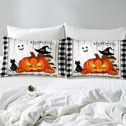 Miniatura 4 de Erosebridal Juego de ropa de cama de Halloween Boo tamaño individual, diseño de calabazas rústicas, sábana bajera de fantasma de gato negro, para