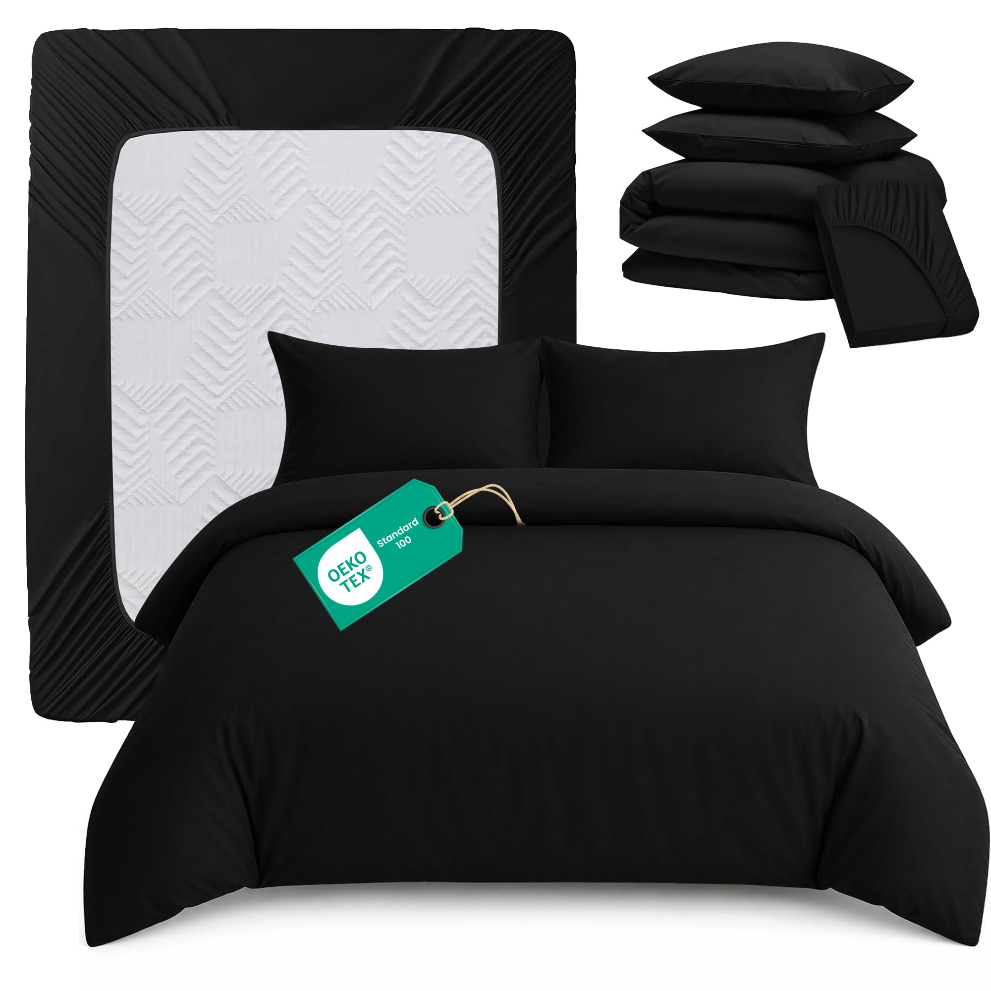 Linens World Double Duvet Cover Set 4 Piece โ OEKO-TEX Certified Ultra Soft Brushed Microfiber Bedding Set with 26cm Deep Fitted Sheet & 2 Pillowcases, Button Closure, (Black, 200x200 cm)