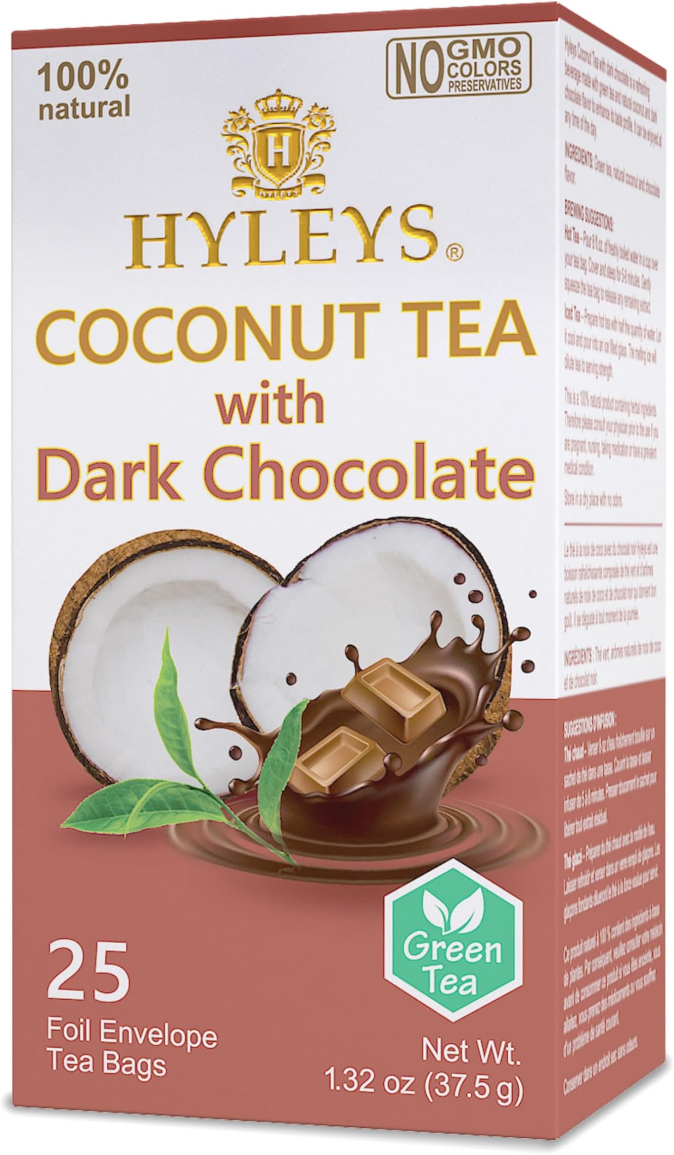 Hyleys Wellness Natural Coconut Tea With Dark Chocolate - 25 Tea Bags (Gmo Free, Gluten Free, Dairy Free, Sugar Free & 100% Natural)