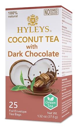 Hyleys Wellness Natural Coconut Tea With Dark Chocolate - 25 Tea Bags Gmo Free, Gluten Free, Dairy Free, Sugar Free & 100% Natural