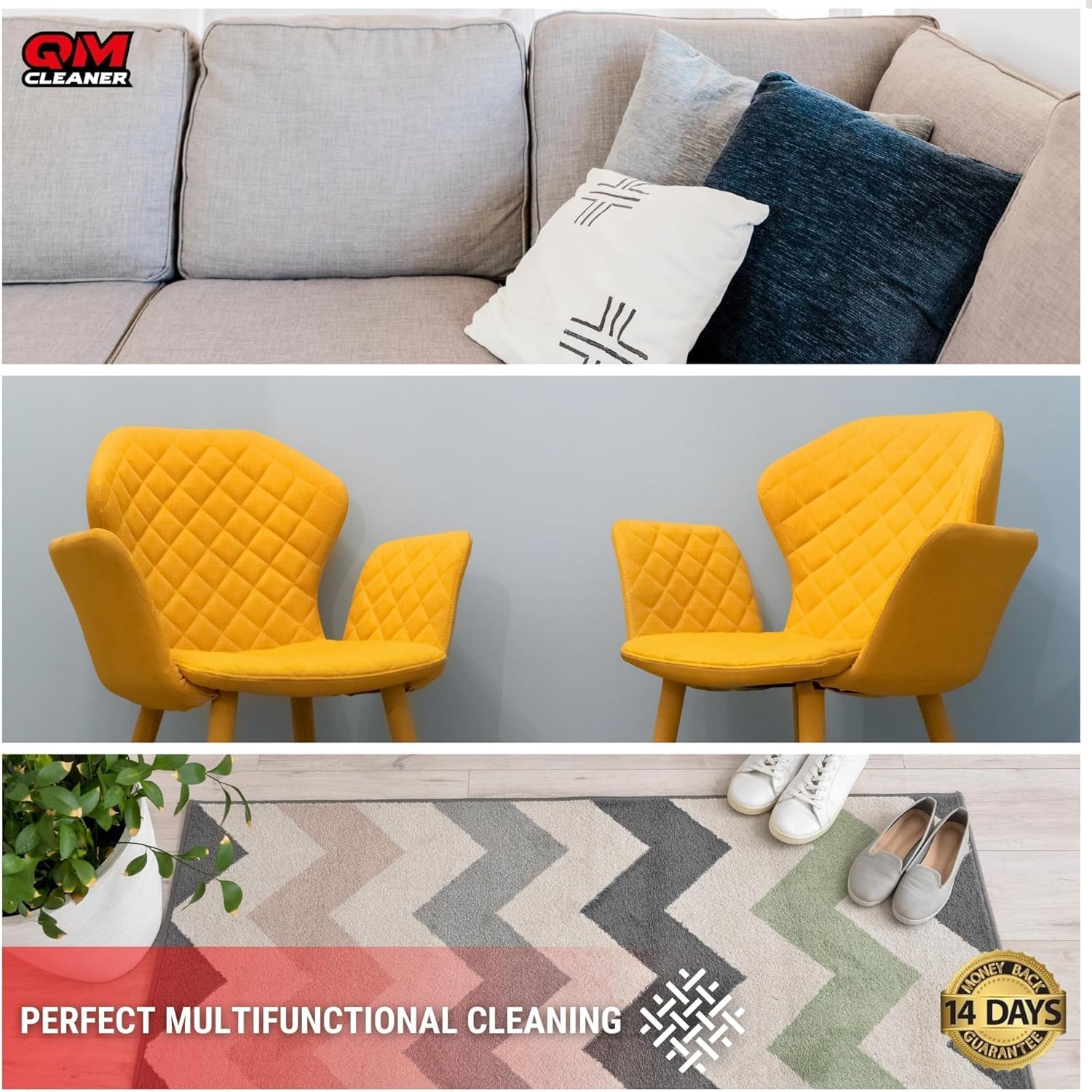 QM Cleaner Kit detergente Professionale per tappezzeria per Pulire i sedili dell'auto | per tappeti, tappezzerie, Moquette... | Kit 1Litro + Microfibre + Spazzola Premium