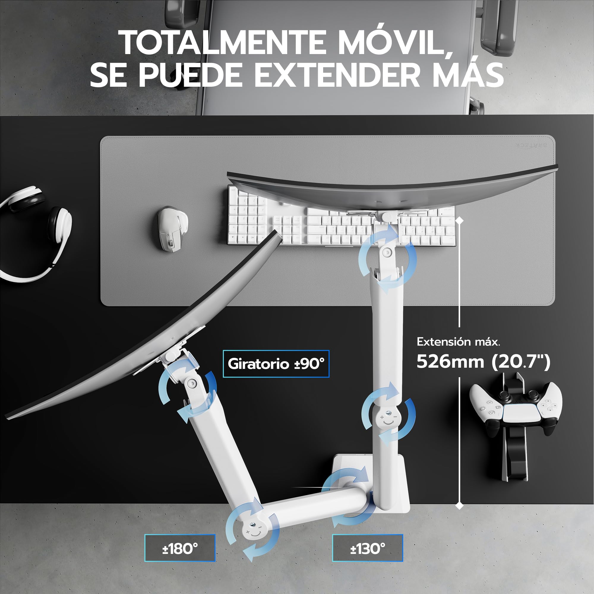 ARES WING Soporte Dual para Monitores 17"–35", VESA 75/100 mm | Brazo Doble 2–12 kg con Puertos USB-A/C, Gestión de Cables, Inclinable/Giratorio/Rotatorio