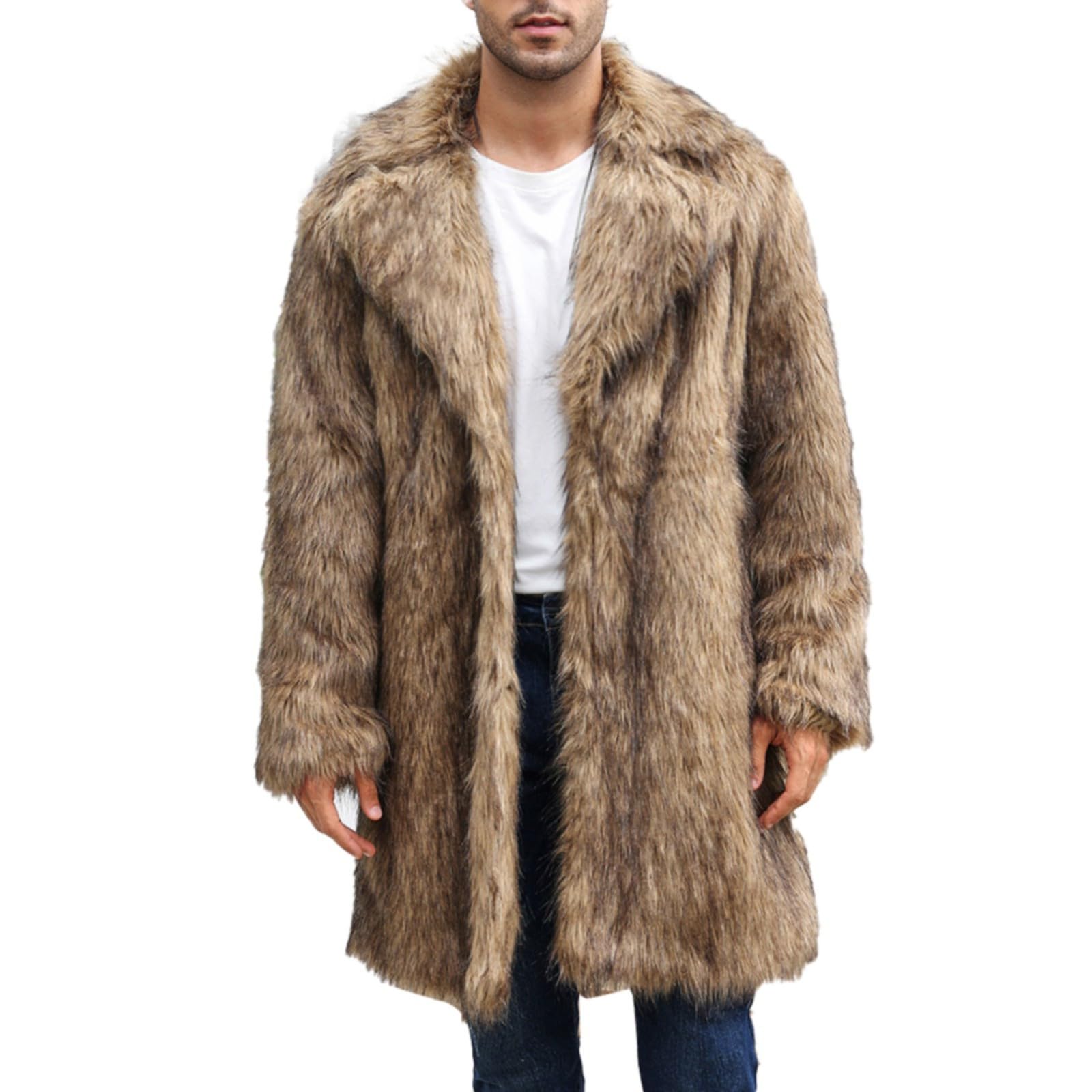 Generisch Herren Kunst Pelzmantel Winterjacke Lang Kunstpelz Mantel Reverskragen Plüsch Strickjacke Warme Felljacke Pelz Jacke Lose Wintermantel Revers Pelzjacke Jacke Männer Parka