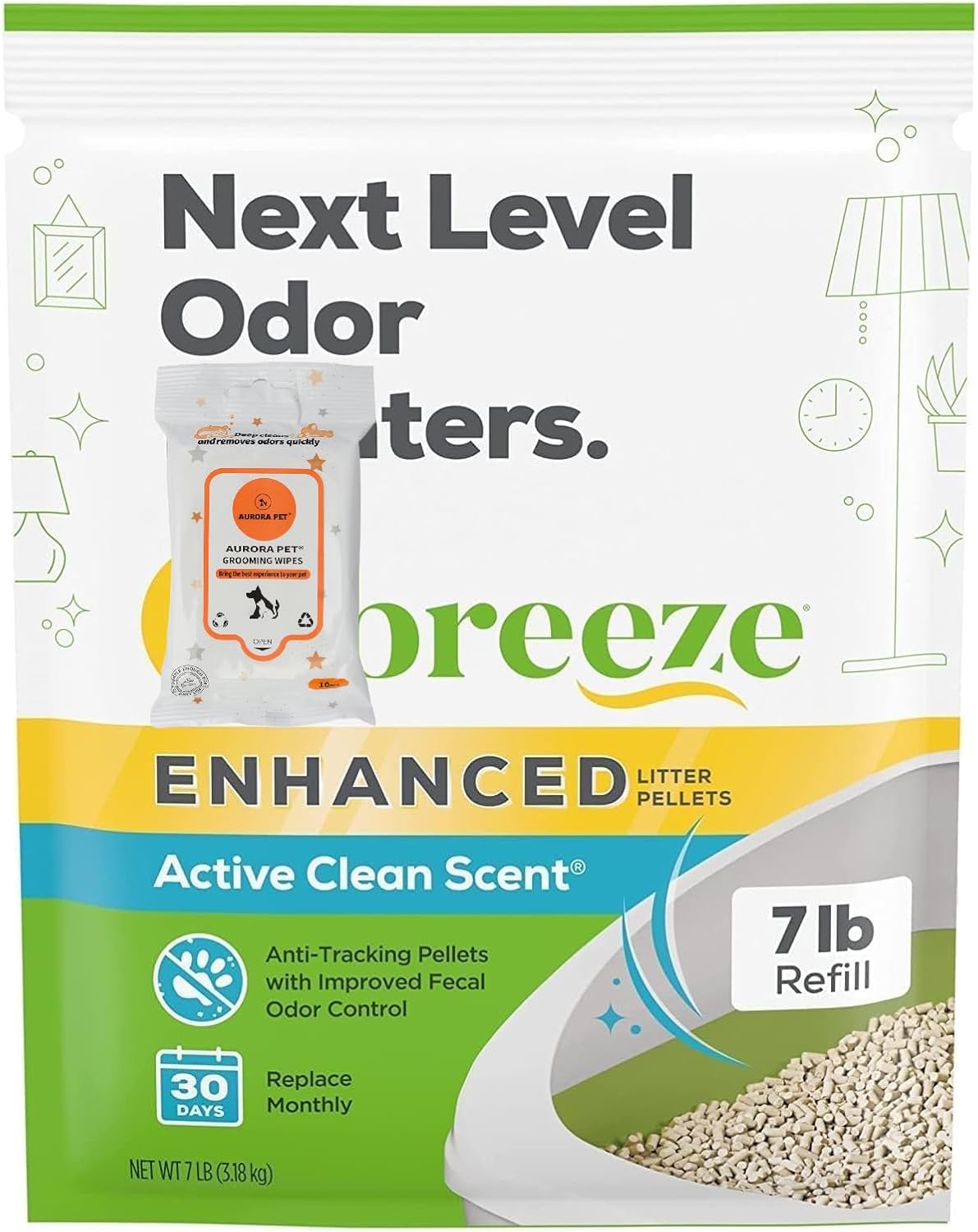 Cat Breeze Enhanced Litter Pellets, Active Clean Scent, 7 lb Refill with Aurora Pet Care Wipes
