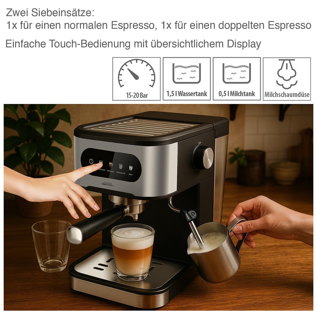 Machine à expresso porte-filtre avec mousseur à lait et réservoir à lait [Cucina di Modena]