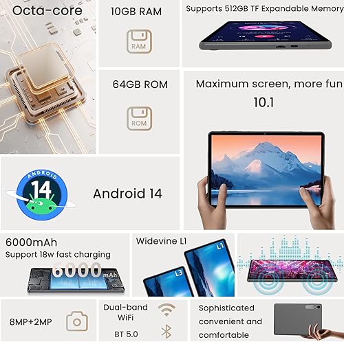 Miniatura 4 de Tablet Android 14, tabletas de 10 pulgadas, CPU Octa Core, 10GB+64GB+512GB de expansión, Wi-Fi6, 6000mAh batería Tablet PC, cámara dual, pantalla de