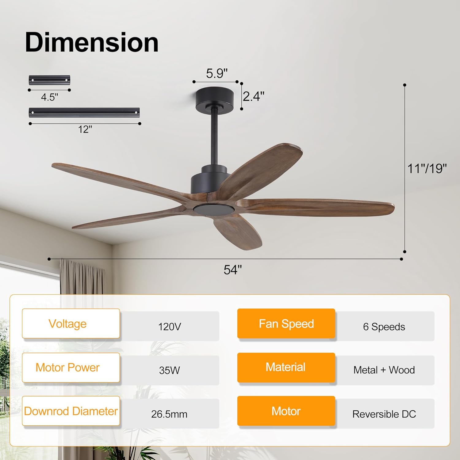 WINGBO 54 Inch Ceiling Fan without Light - 5 Carved Solid Wood Blades, 6-Speed Reversible DC Motor, Noiseless Remote Control Ceiling Fan No Light for Bedroom Living Room Kitchen, Black and Wood - Image 3