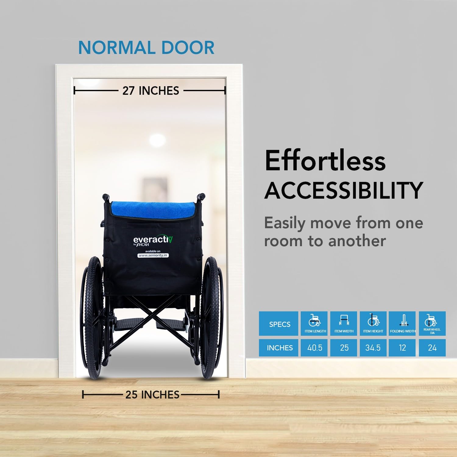 Everactiv Everyday Economy Foldable Wheelchair with Safety Seat belt & Extra Soft Cushions, Weight Bearing Capacity 120 kg, Sturdy Frame and Easy Foldable Mechanism | Blue Color - Image 3 thumbnail