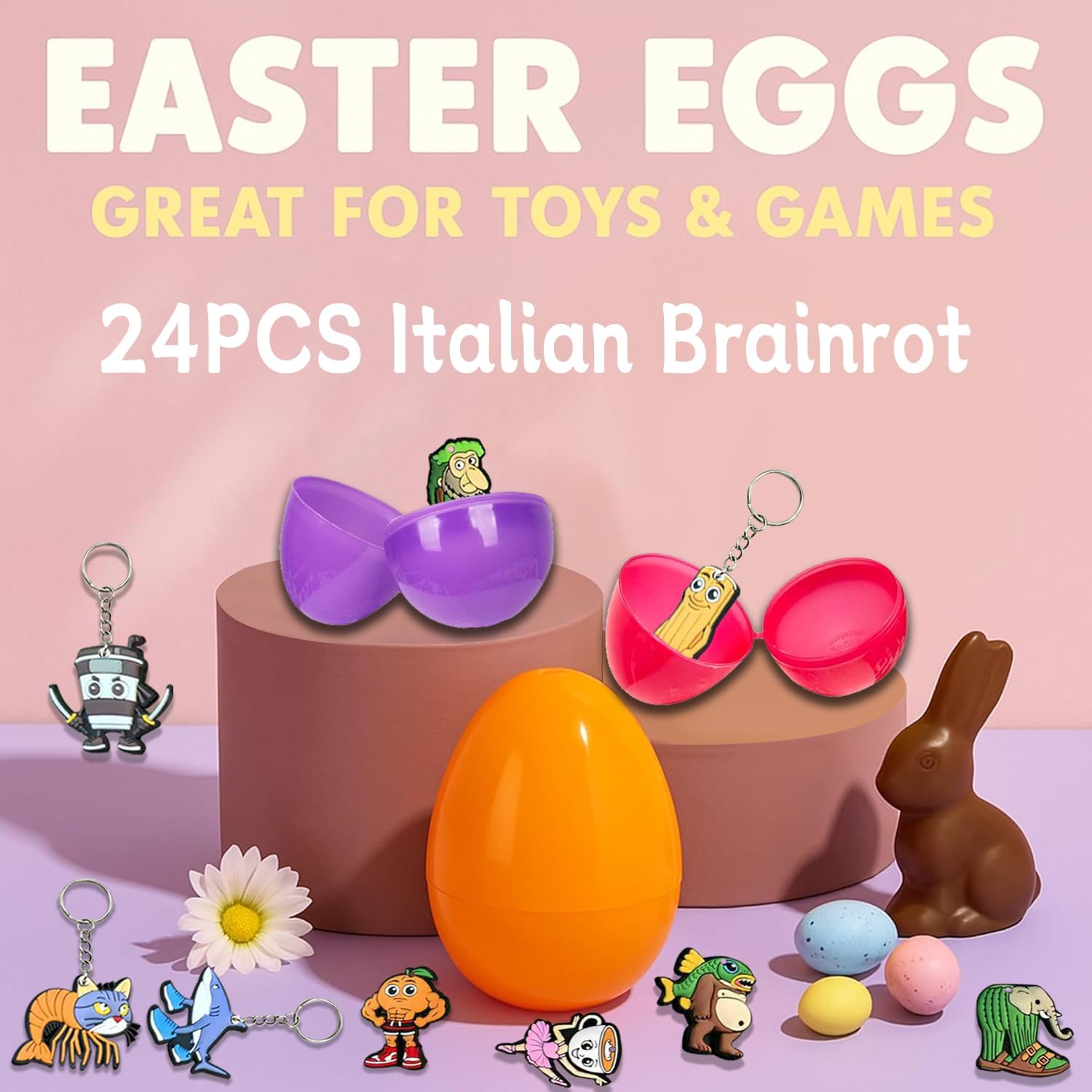 Easter Eggs for Kids, 24PCS Filled Easter Eggs with Funny Mini Character Toys, Italian Brainrot Style, Easter Basket Stuffers, Party Favors, Classroom Exchange Gifts for Boys Girls