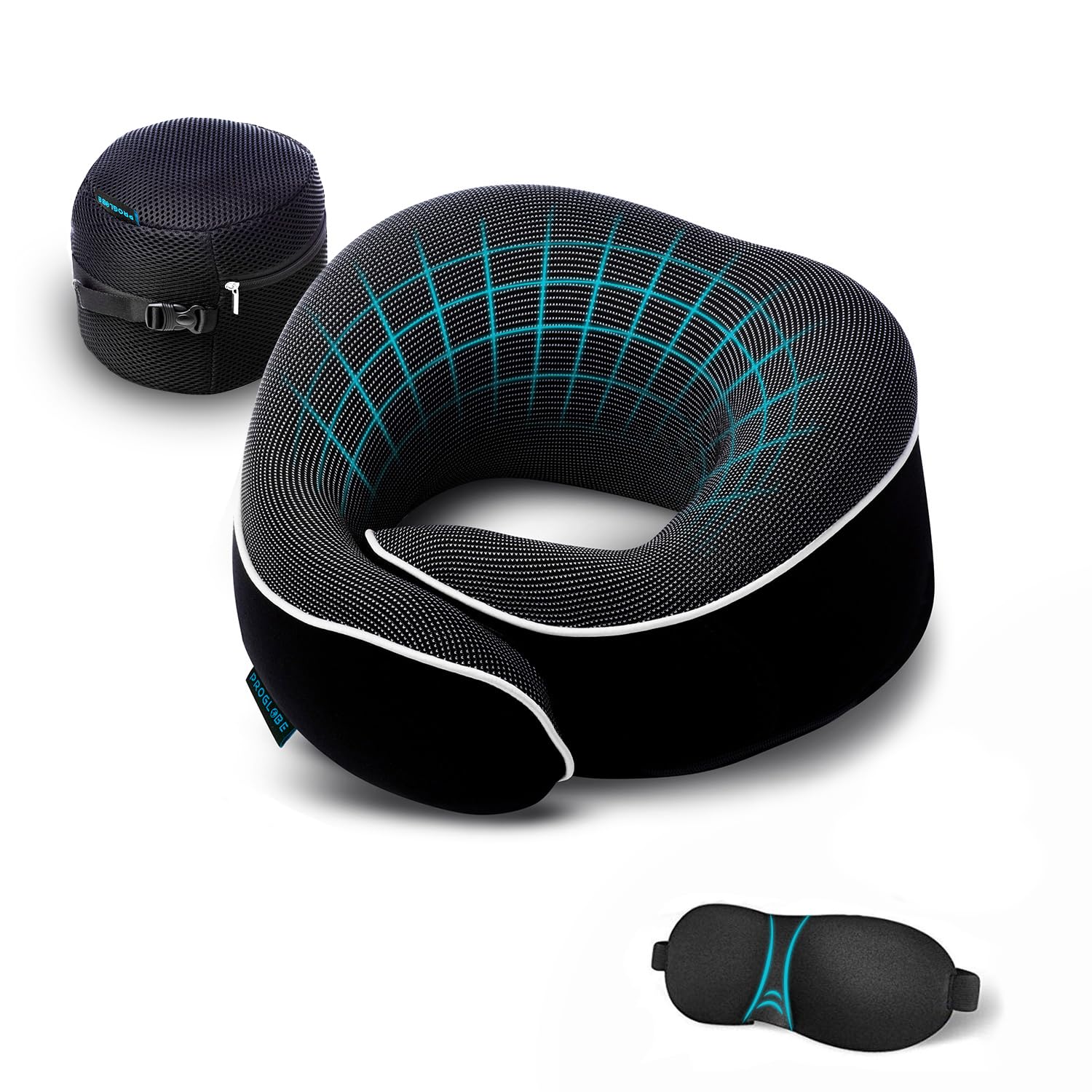 Proglobe Cuscino da Viaggio per Collo - Cuscino Cervicale, 100% Memory Foam, Cuscino per Dormire, Ideale per Viaggi in Aereo, Auto, Treno, Con Mascherina 3D e Borsa in Rete (Nero)