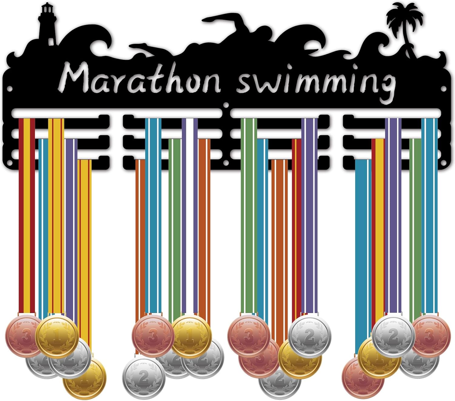 CREATCABIN Marathon Swimming Medal Hanger Swim Medal Holder Display Wall Mount Decor Frame Iron Hooks Hanging Awards Metal Medal Rack Organizer for Sports Swimmer Athlete Medals Black 15.7 x 5.9Inch