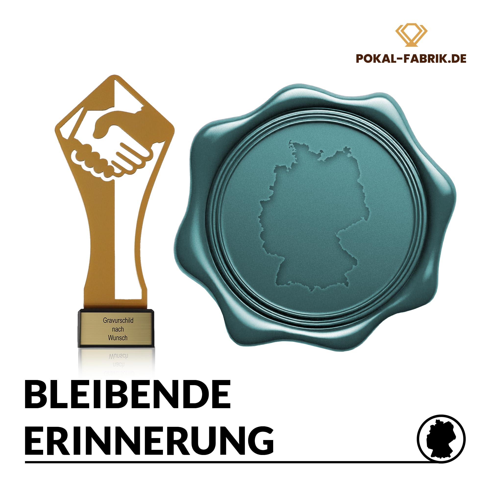 Goldener Teamwork Pokal 21 cm aus Metall mit Gravur - Geschenk-Trophäe mit Handschlag Silhouette - Personalisiertes Geschenk - Auszeichnung für Zusammenarbeit