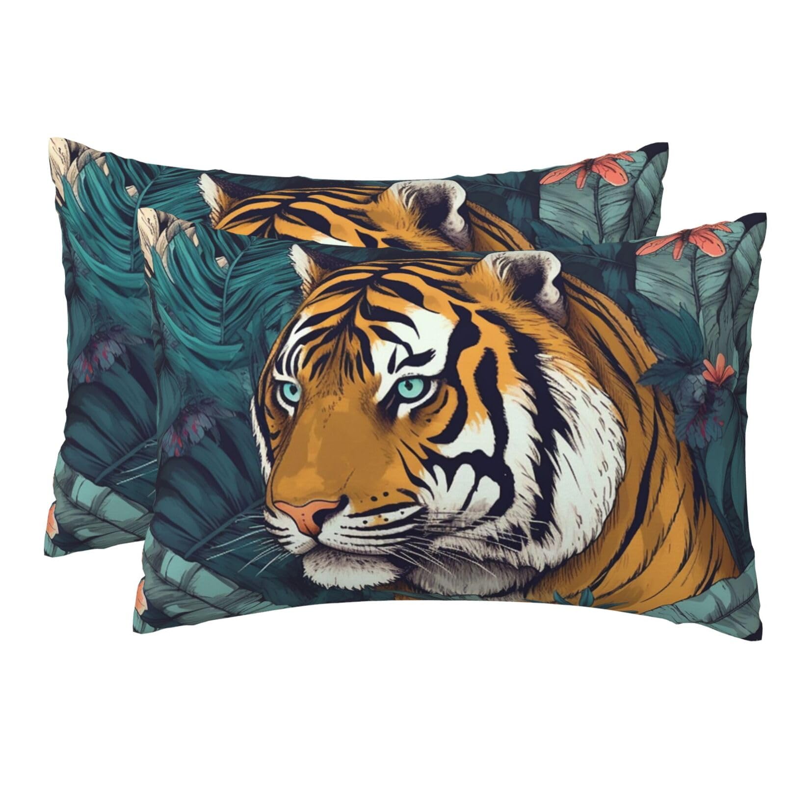 2 Pack Pillow Cases with Hidden Zipper, Soft Breathable Pillow Covers for Hair and Skin, Tropical Tiger Pillowcases 12"x18" Bed Pillow Protectors Cover for Sleeping Gifts
