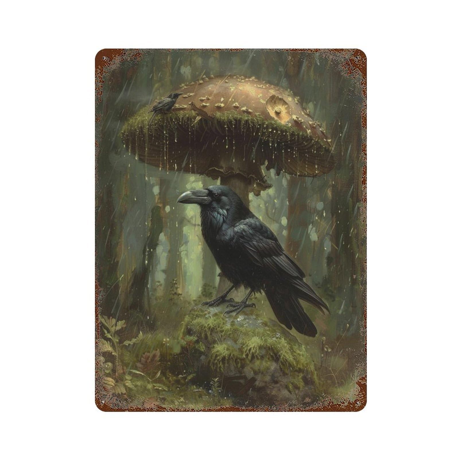 Rainy Forest with Ravens Aged Metal Wall Plaque 15.7"x11.8", Industrial Home Decor for Pub, Kitchen And Man Cave Decor