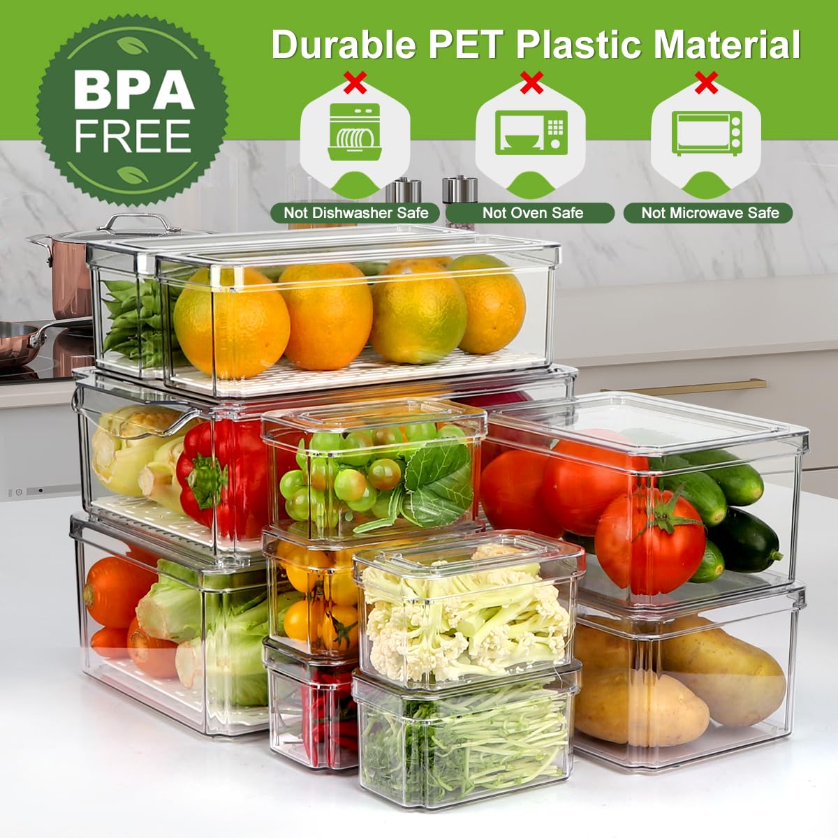 RIKOJUXI Set Of 14 Fridge Organizer, BPA Free Stackable Refrigerator Organizer Bins with Lids, Fridge Organizers and Storage Clear Refrigerator Storage Containers for Fruits, Vegetable, Food, Drinks
