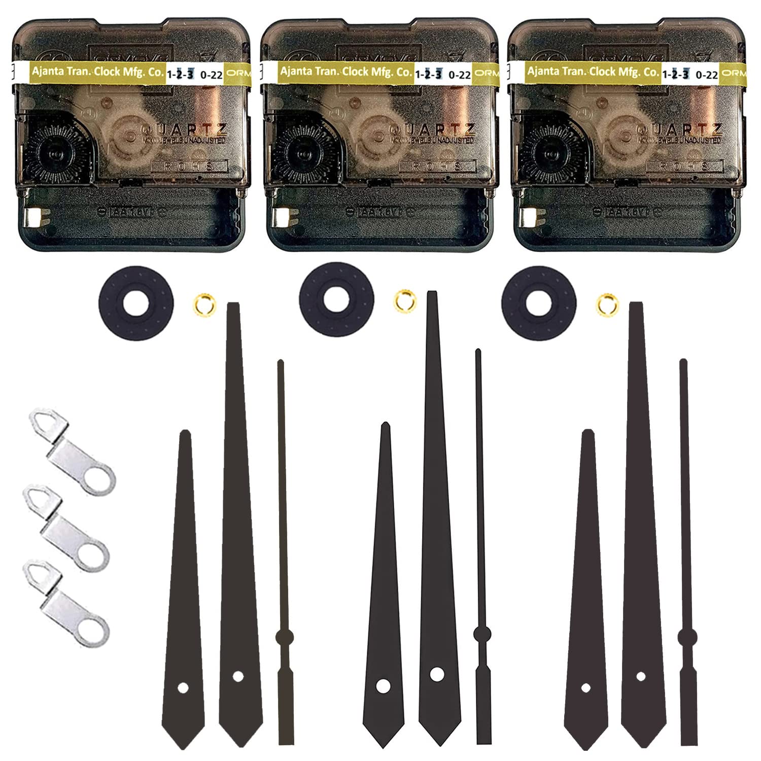 QWENOX® Combo of 3 Ajanta Mfg. Battery Operated Plastic Ticking Wall Clock Movement Machine with Hands (Made in India 100%) (3 Black)