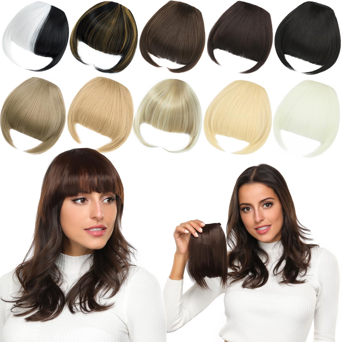 PARXITN Clip in Bangs Clip in Pony Haarverlängerungen Synthetische Flat Bang mit Schläfen Front Face Fringe Pony Haarteile Schwarz und Weiß für Frauen Pony Haare